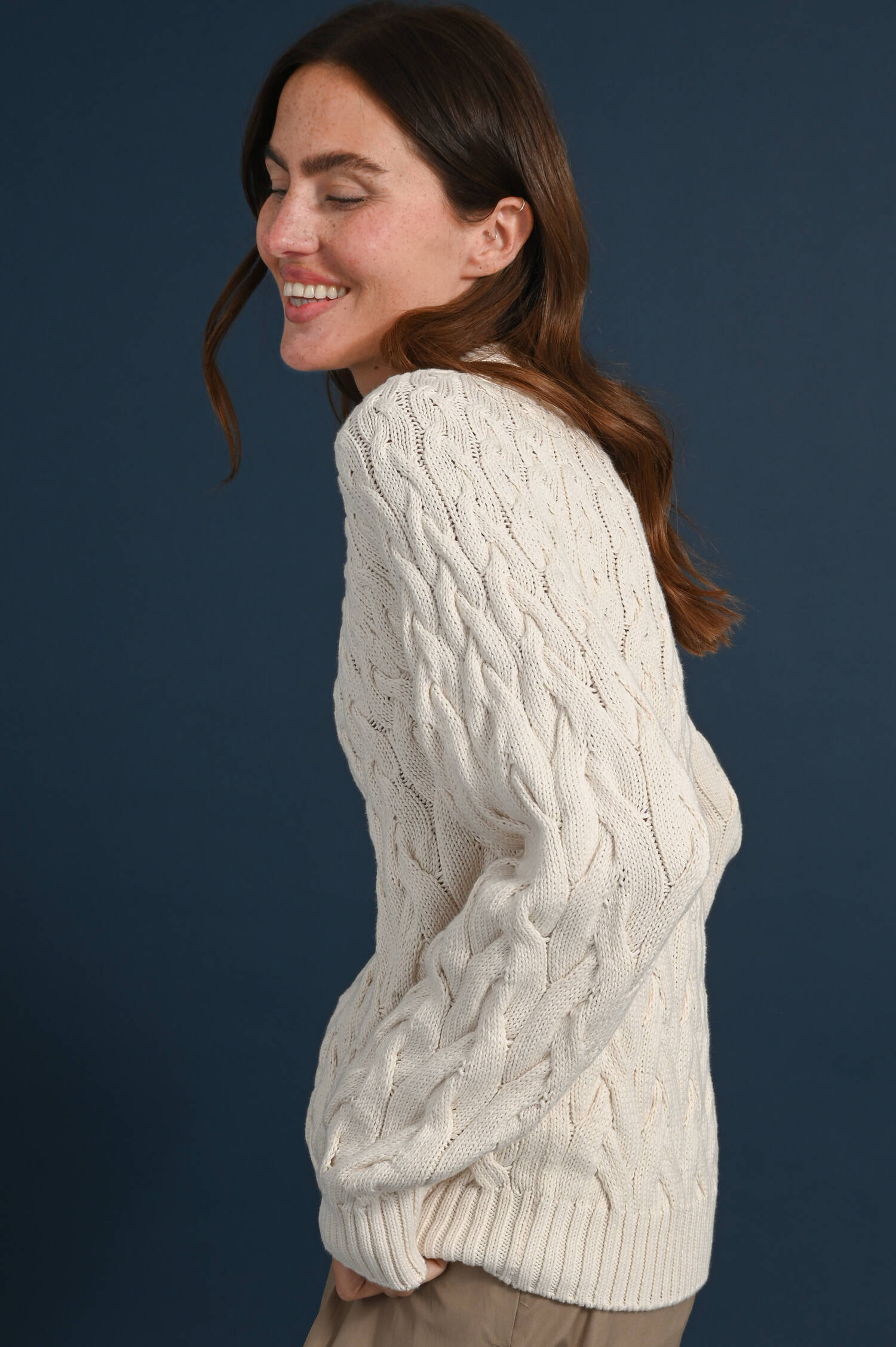 Zopfstrick Baumwoll Crew Neck Pullover in Ecru