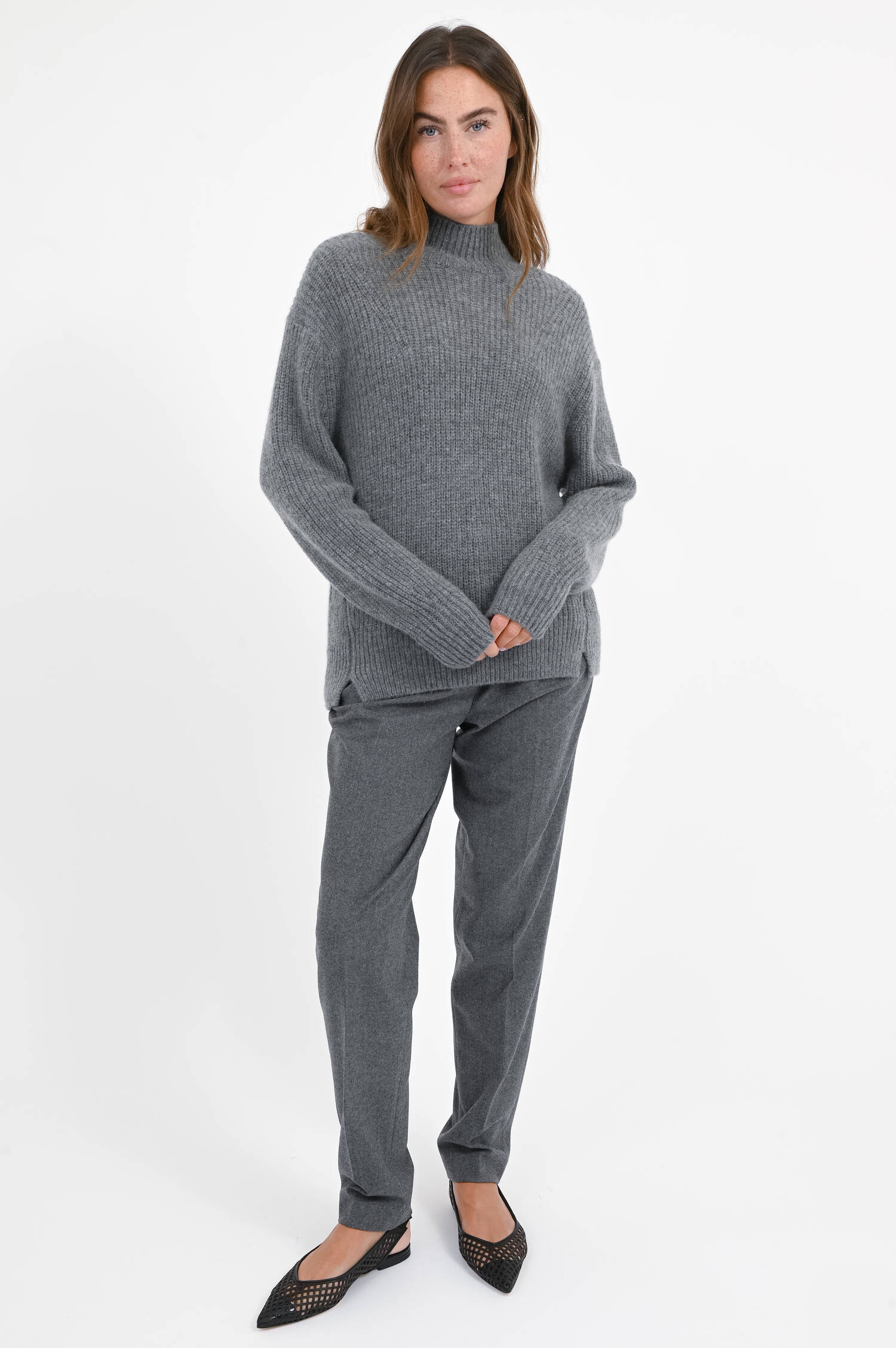Wollpullover mit Stehkragen in Dunkelgrau meliert