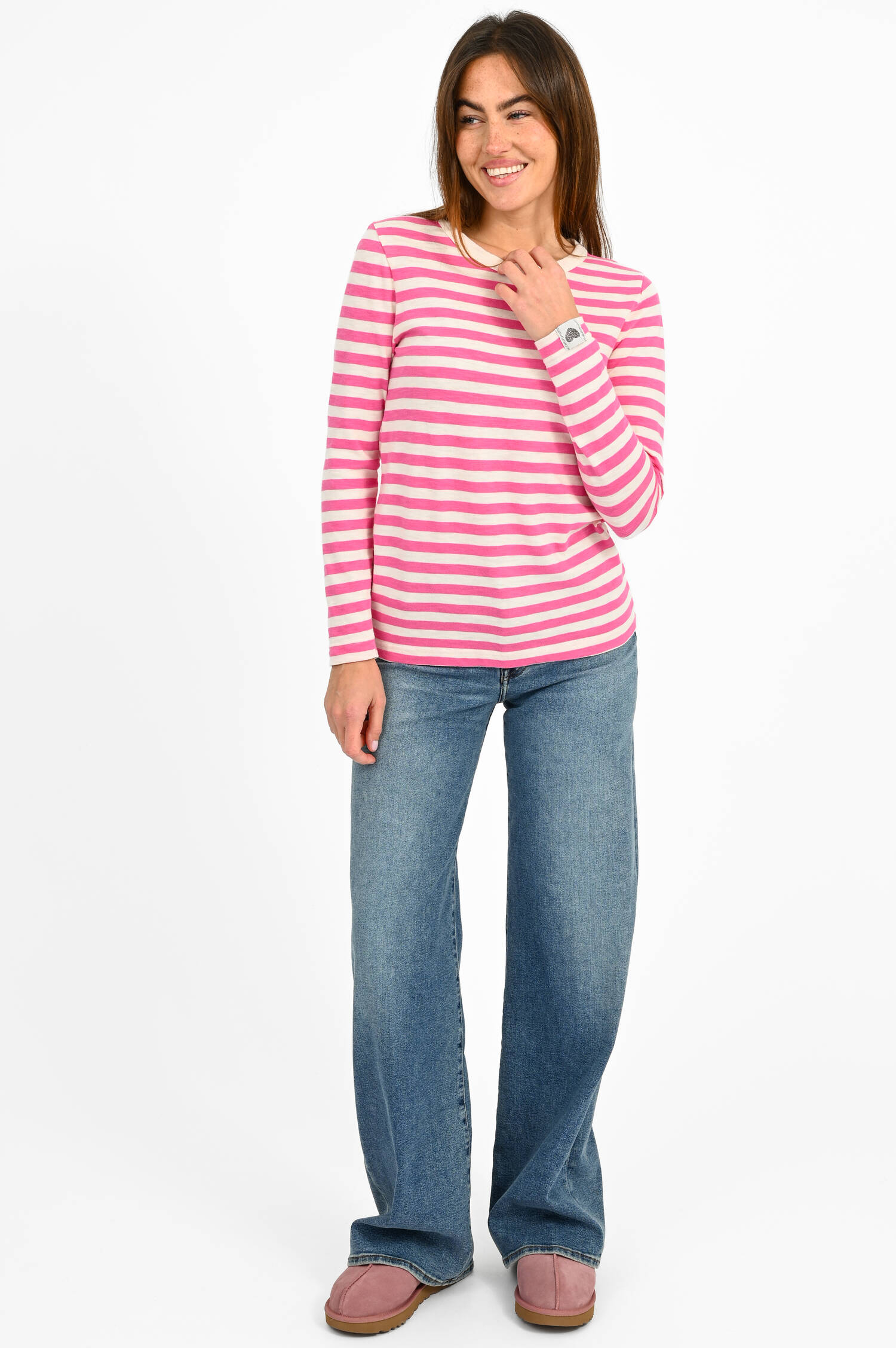 Gestreiftes Langarmshirt in Pink/Ecru