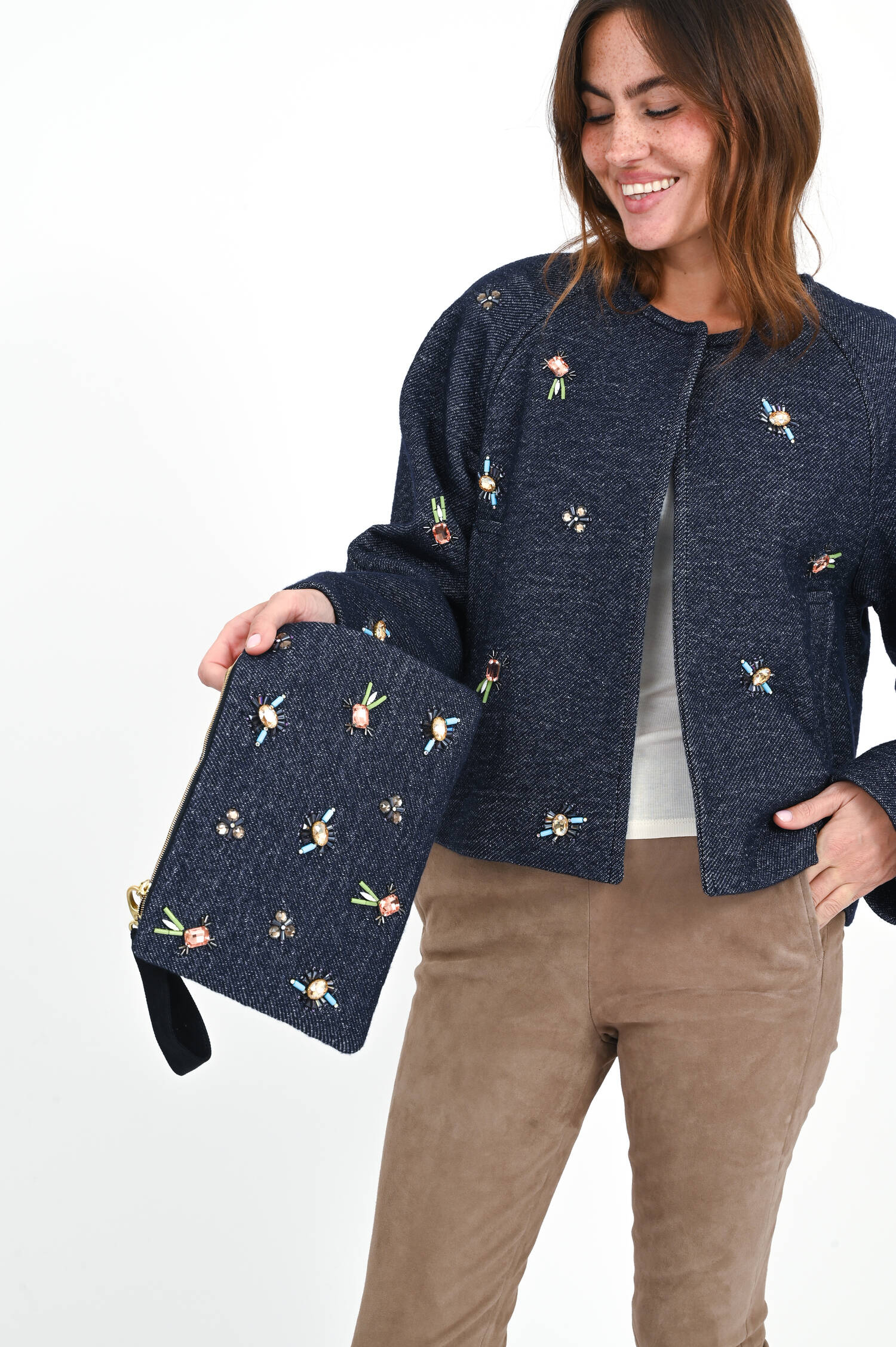 Clutch mit Strass-Details in Denim Blue