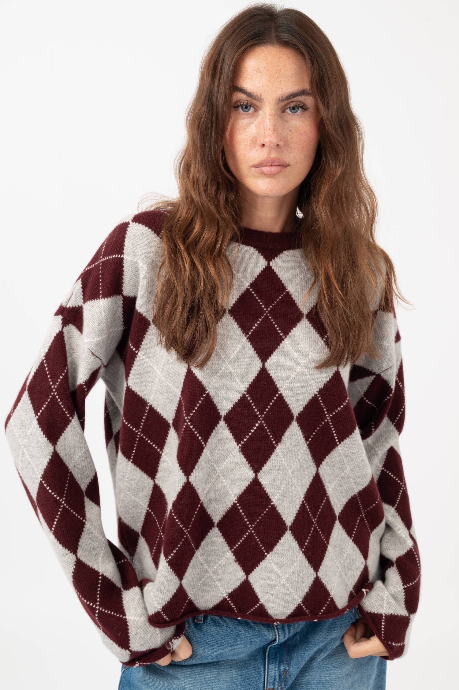 Rauten Woll-Pullover in Bordeaux/Grau
