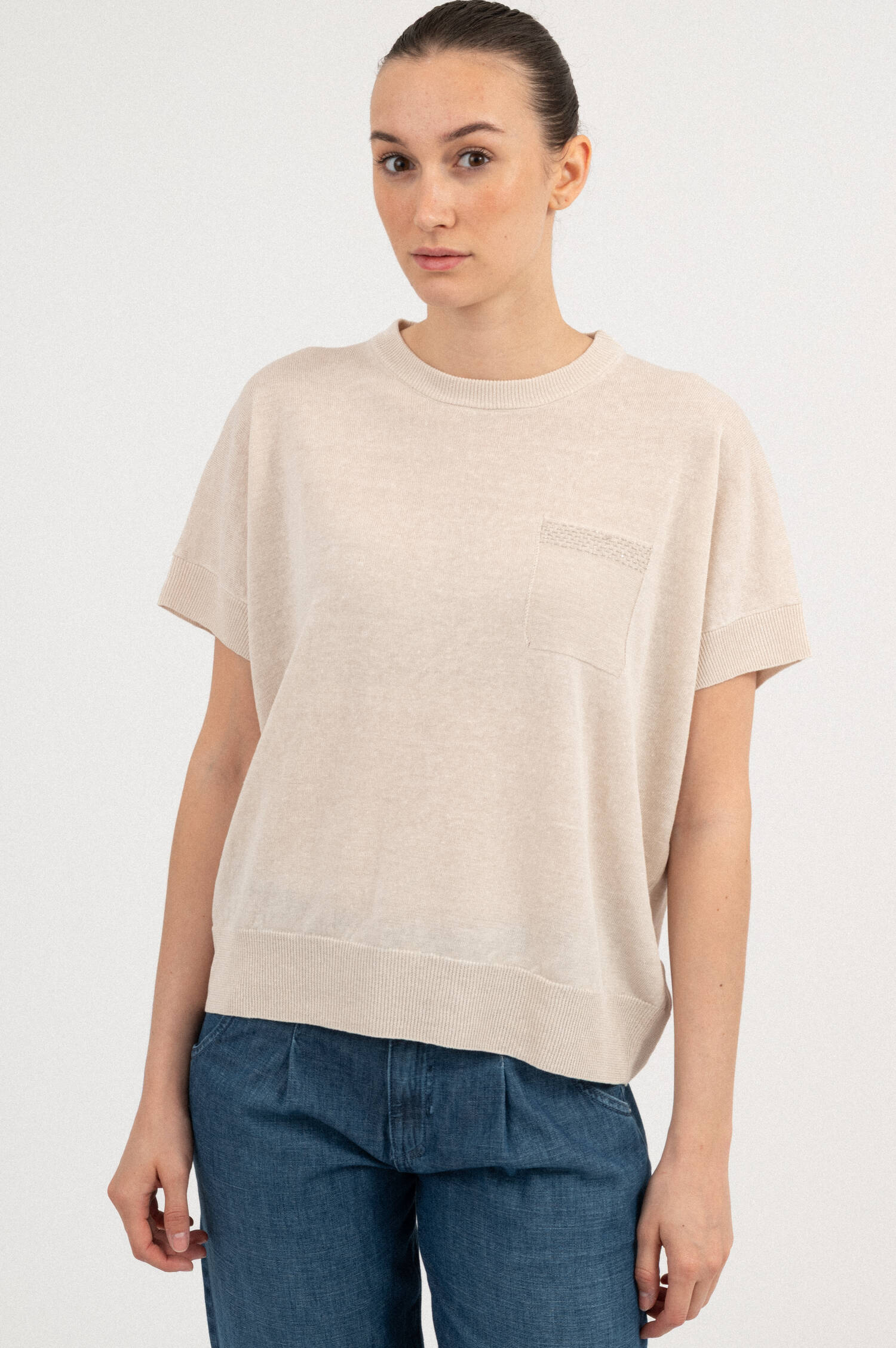 Leinenmix Kurzarm Pullover in Beige