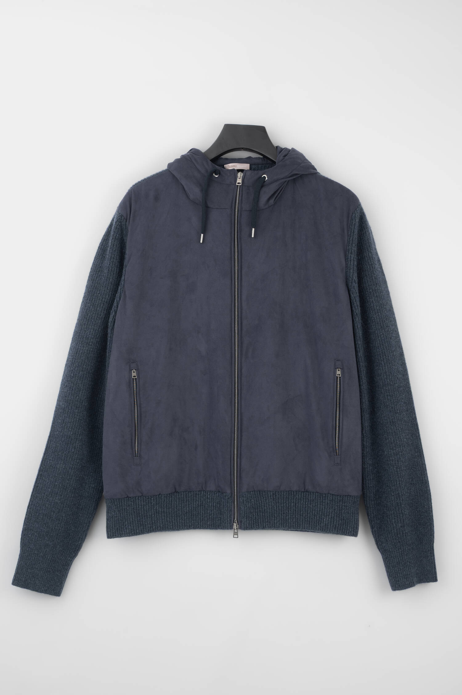 Hybrid Kapuzenjacke mit Rippstrick-Einsatz in Navy