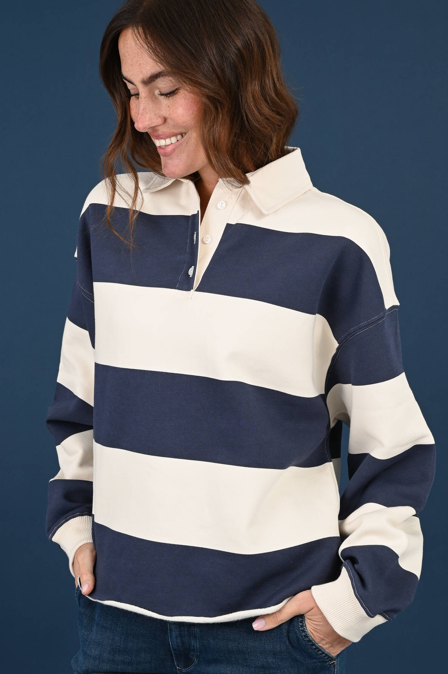 Polosweater in Ecru/Navy gestreift Polosweater in Ecru/Navy gestreift