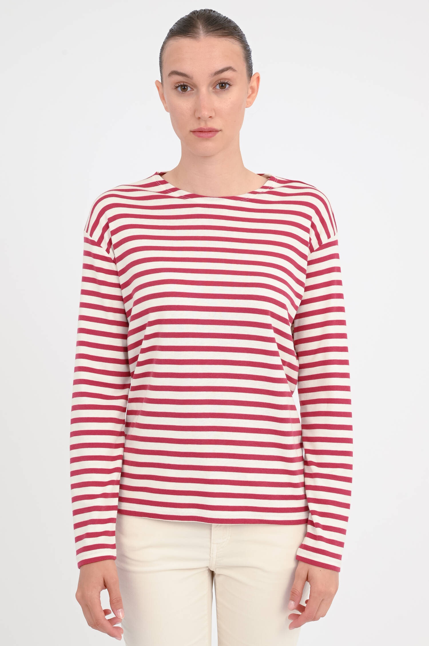  Gestreiftes Langarmshirt in Rot/Creme