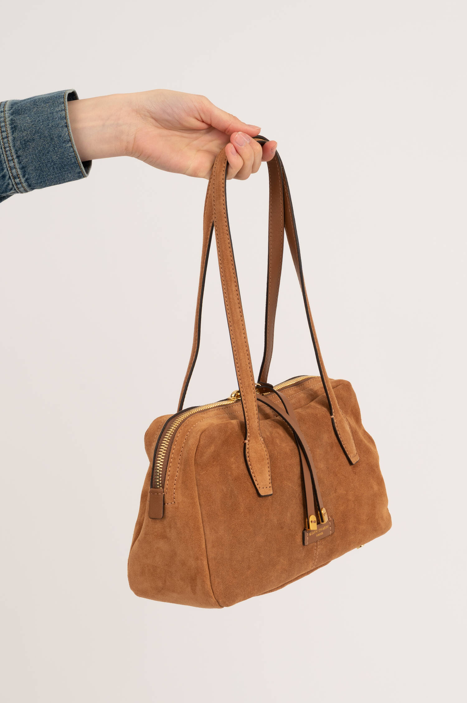 Veloursleder Bowling Bag ARYNA in Camel