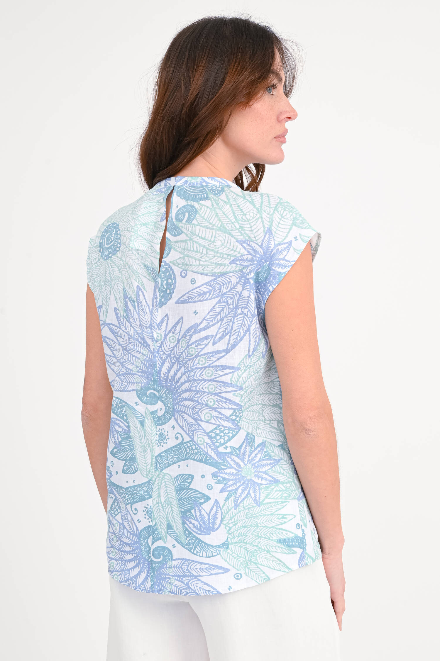 Leinentop ULENI in Blau/Grün/Weiß gemustert