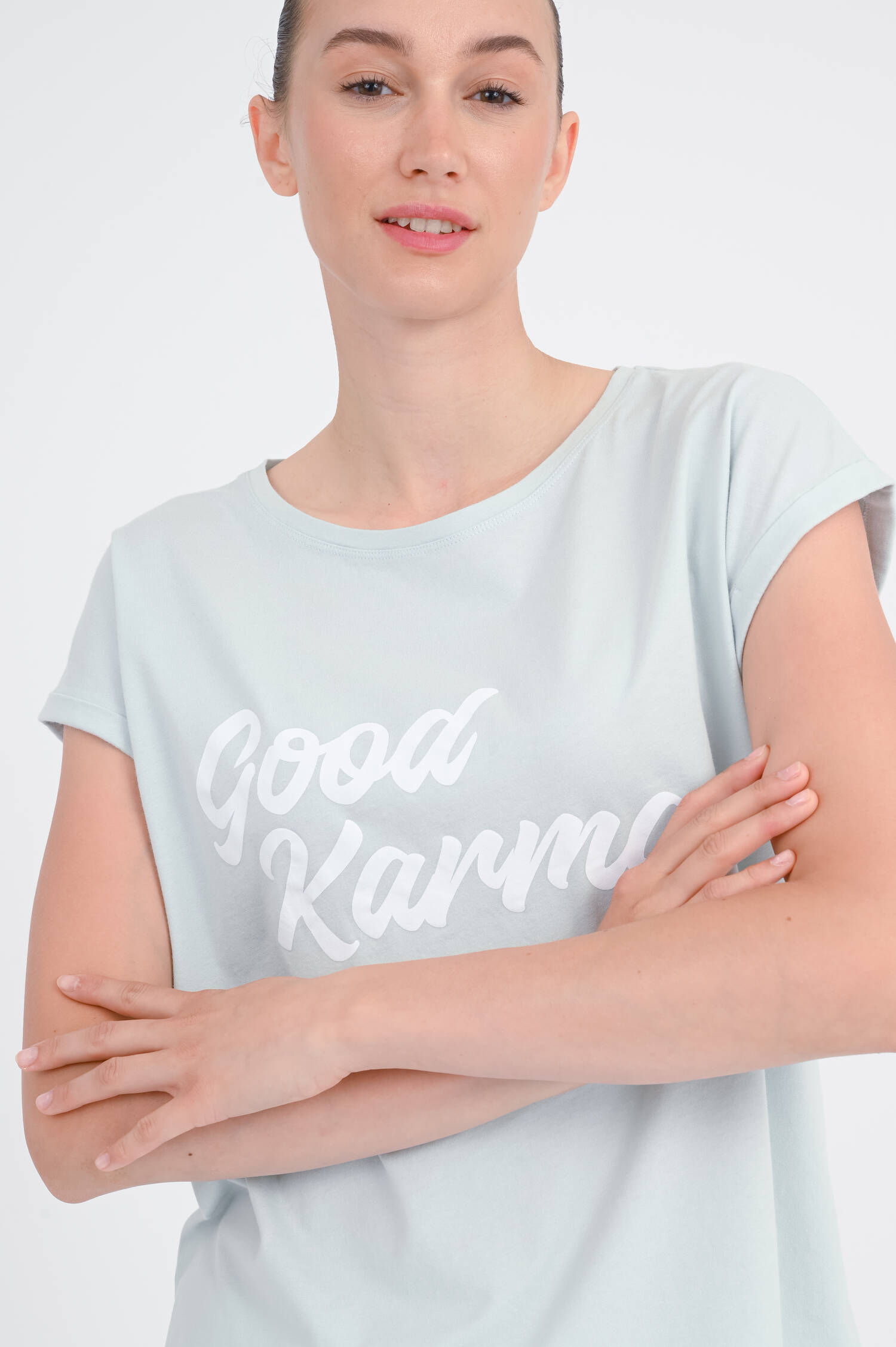 Shirt LENA mit Good-Karma-Print in Dusty Aqua