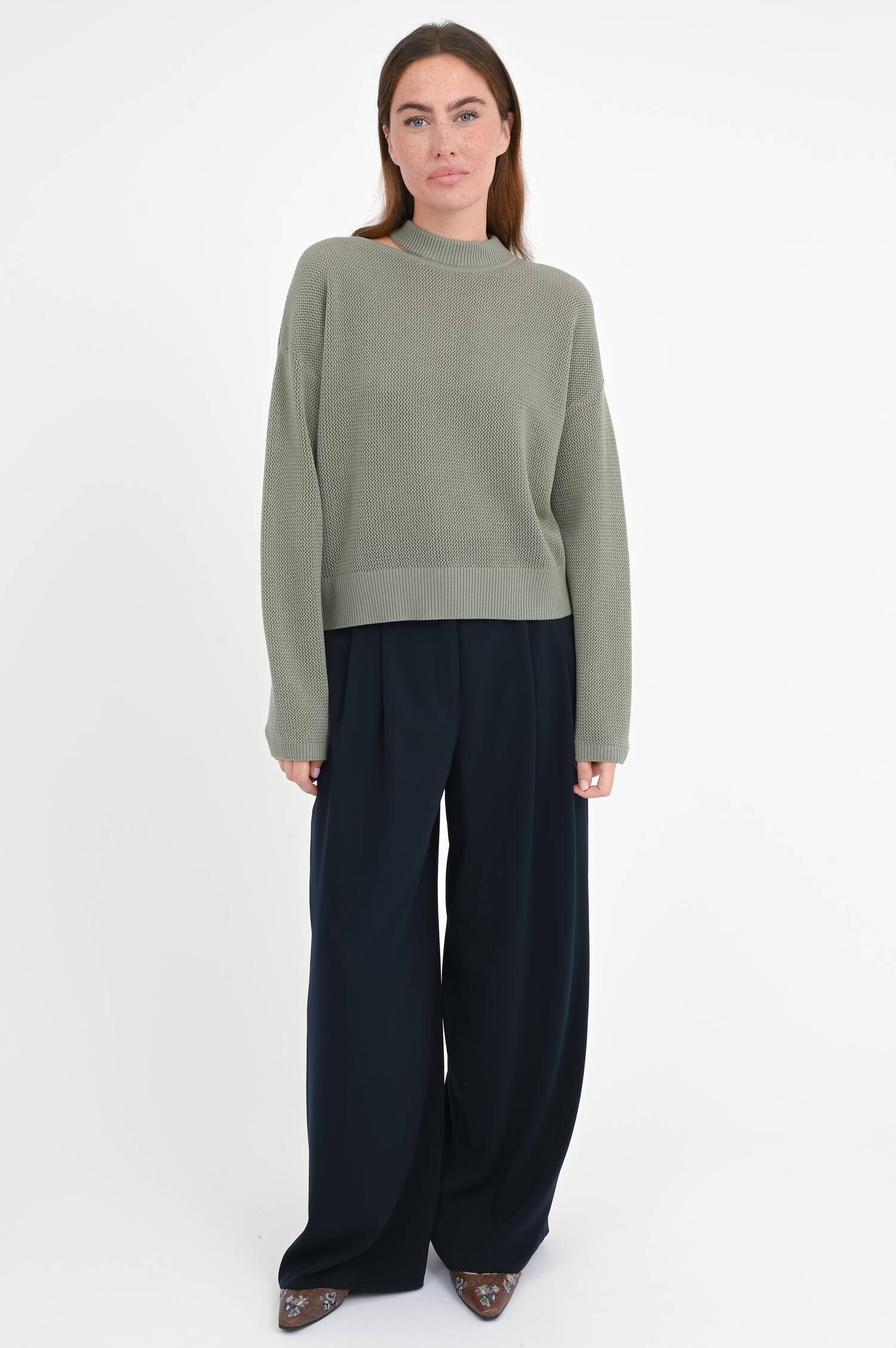 Langarm-Pullover mit Kragen-Detail in Dark Sage Langarm-Pullover mit Kragen-Detail in Dark Sage