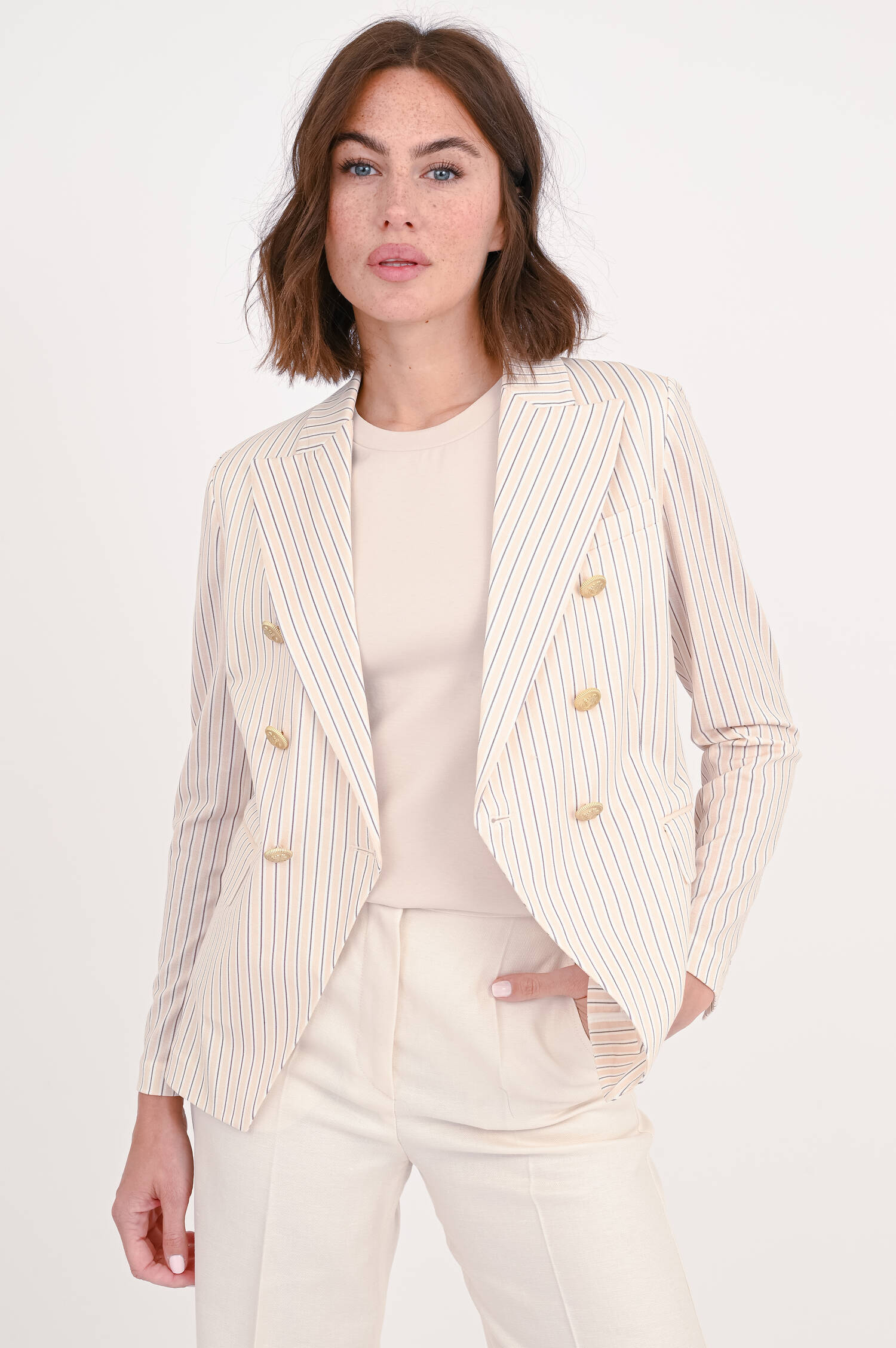 Doppelreihiger Blazer in Beige/Weiß gestreift