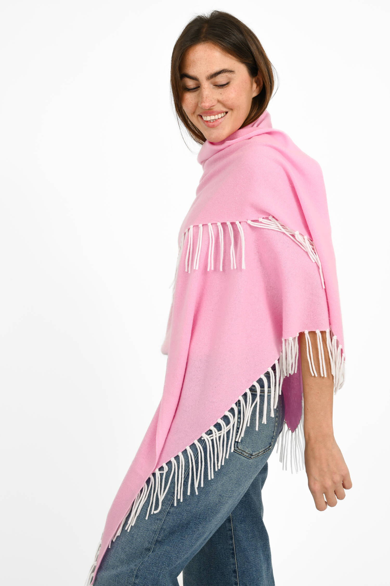 Dreieckstuch mit Fransen in Weiß/Pink