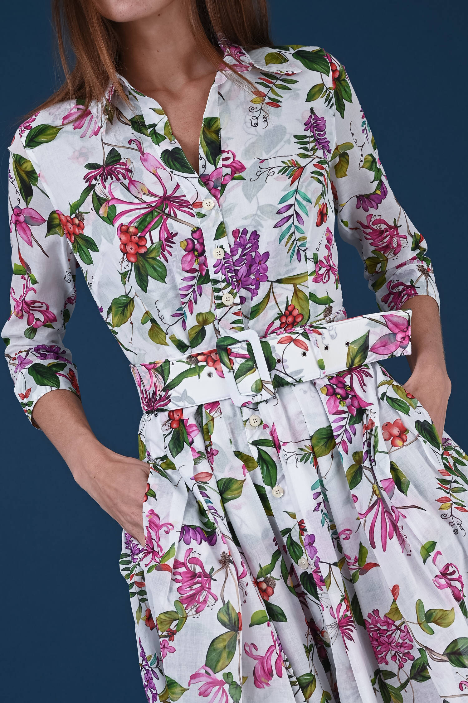 Kleid ASTER in Weiß/Pink gemustert