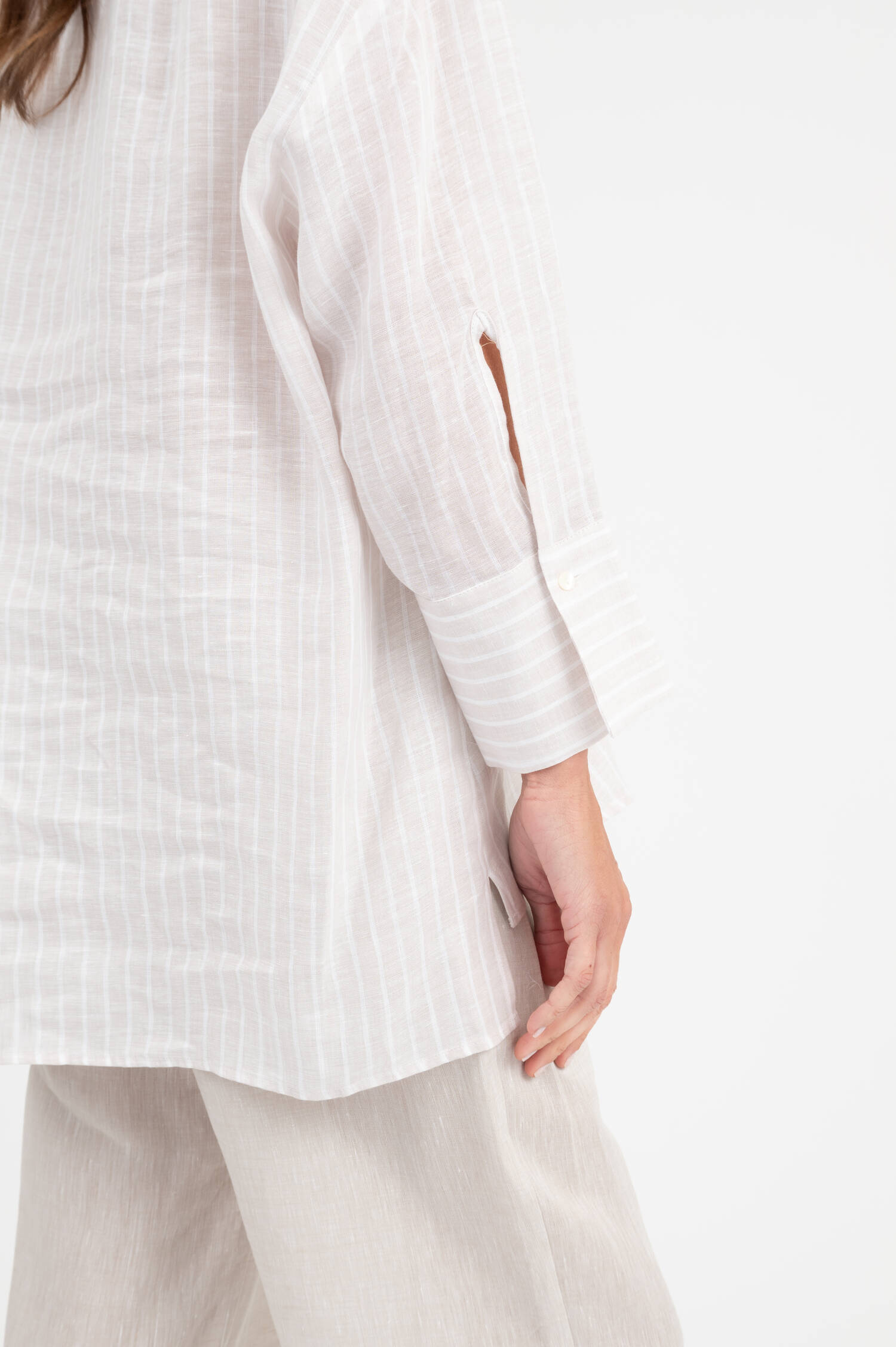 Leinenbluse in Beige/Weiß gestreift