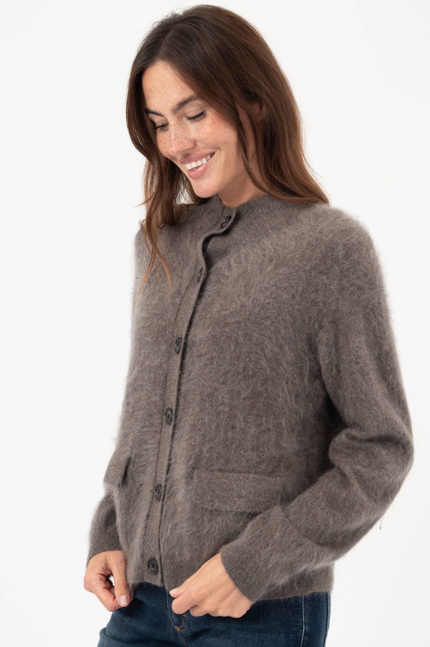 Hairy-Cashmere-Stehkragen-Cardigan in Grau