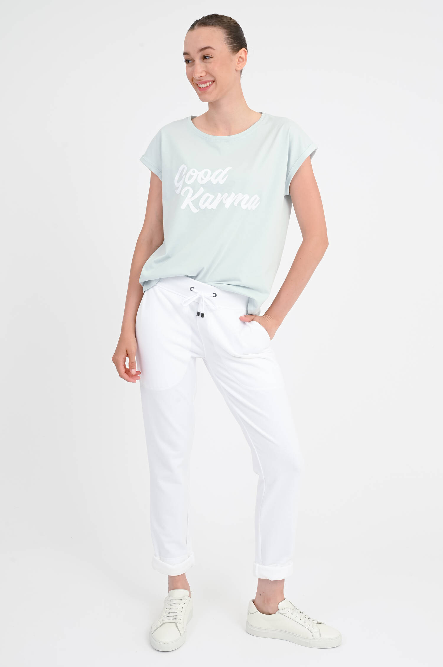 Shirt LENA mit Good-Karma-Print in Dusty Aqua