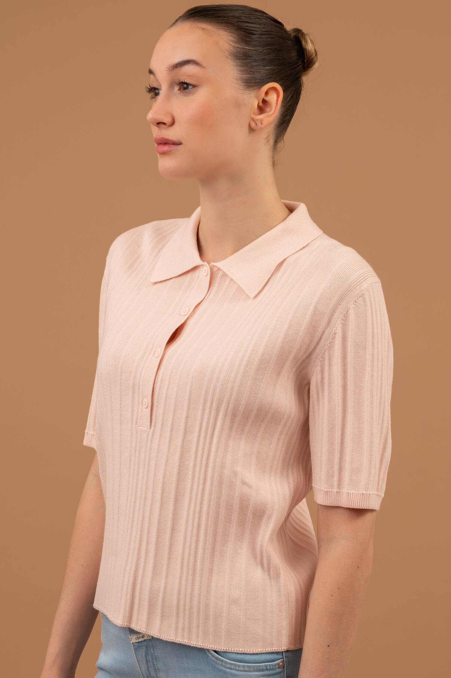 Rippstrick Polo-Shirt in Blush Rosa