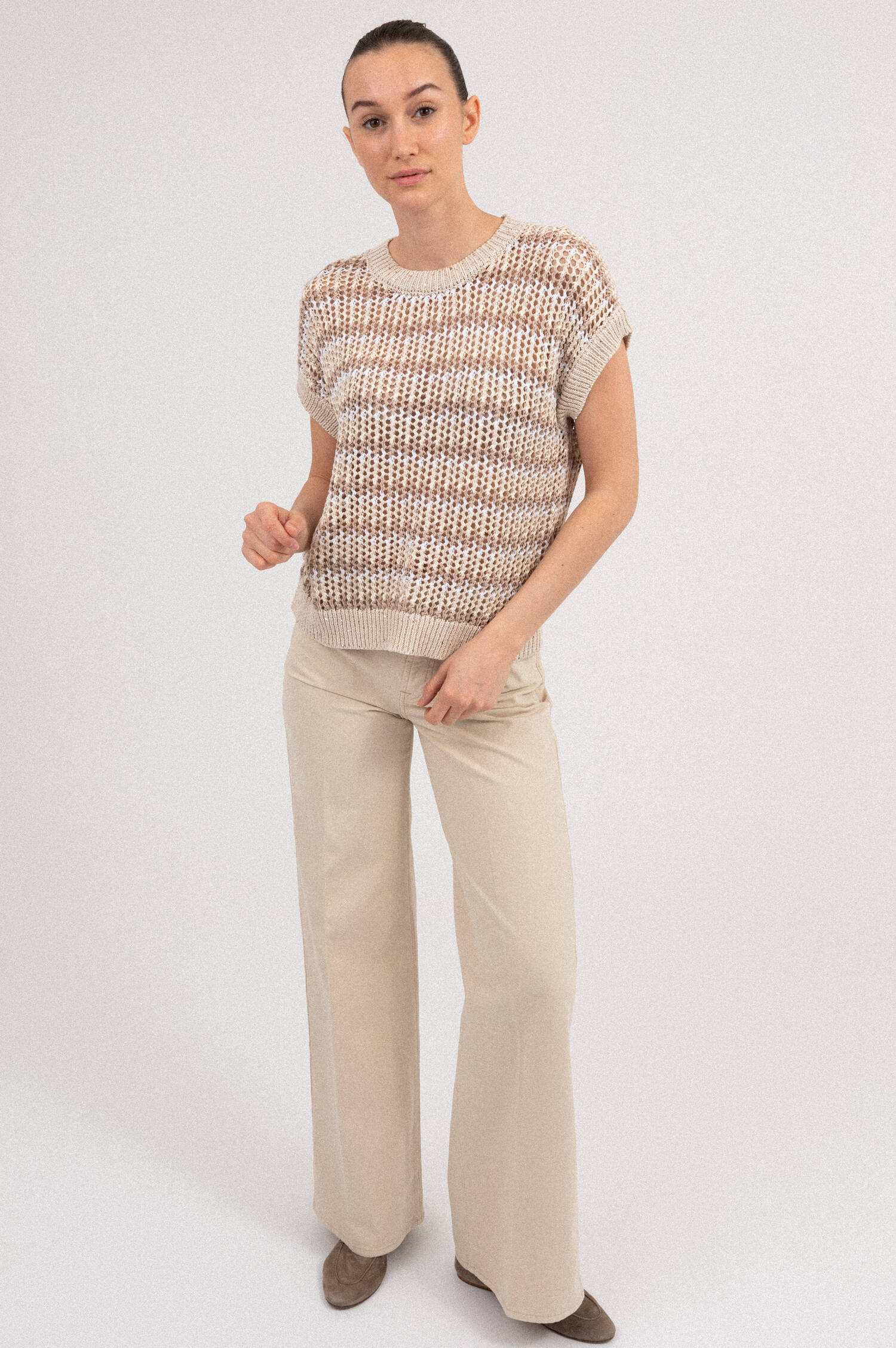 Lochstrick Pullover mit Pailletten in Beige