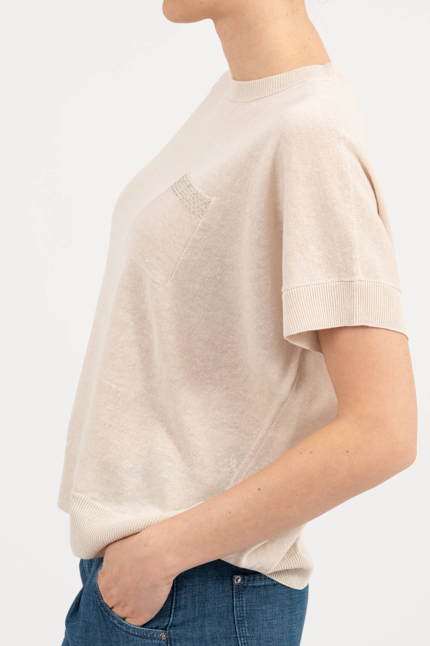 Leinenmix Kurzarm Pullover in Beige