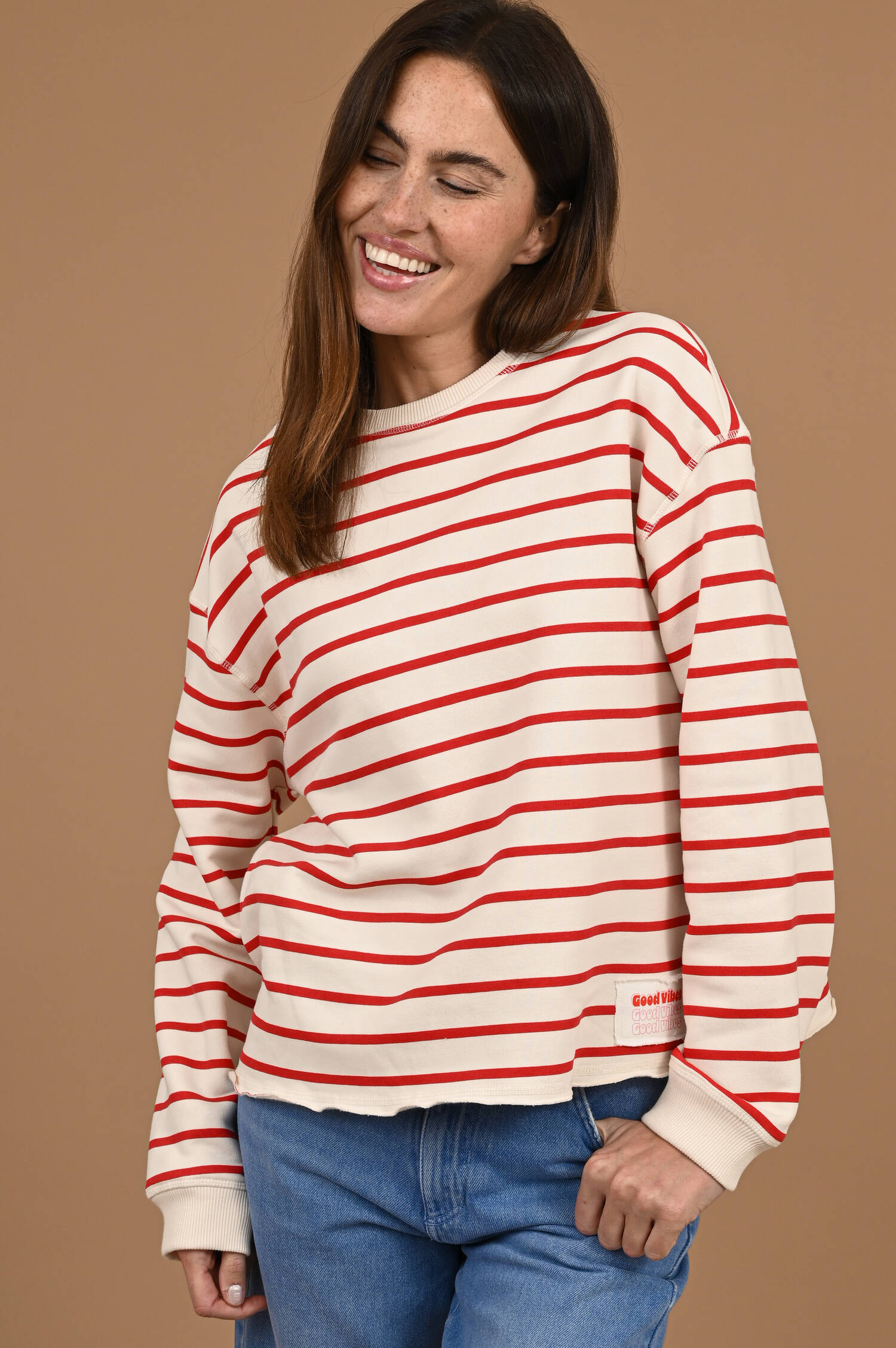 Sweater Smile More in Cherryrot/Ecru gestreift