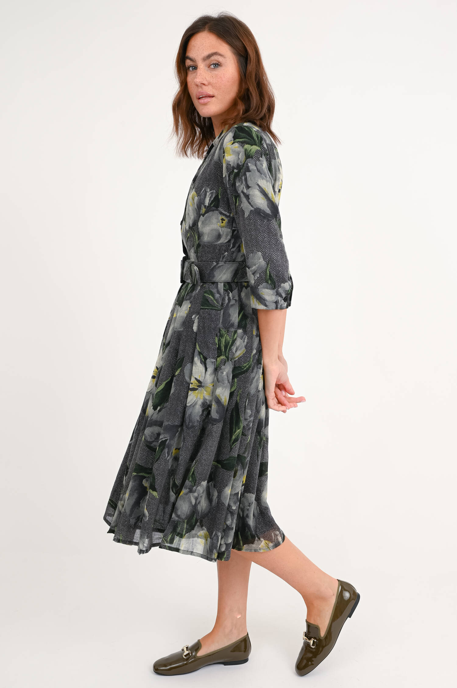 Kleid AUDREY mit Tulpen-Print in Graugrün