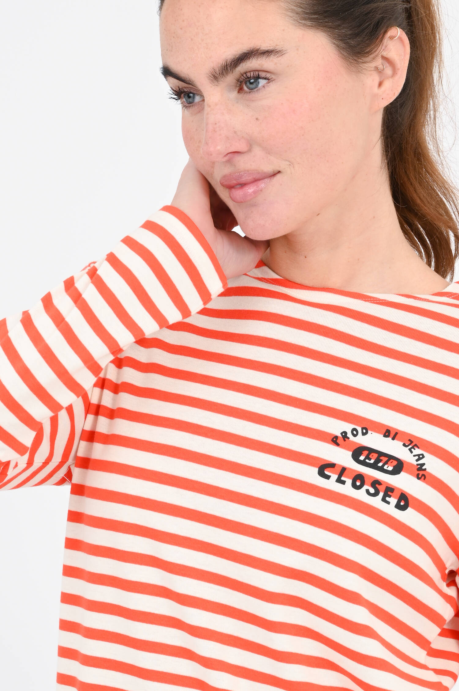 Gestreiftes Langarmshirt in Coral Red/White