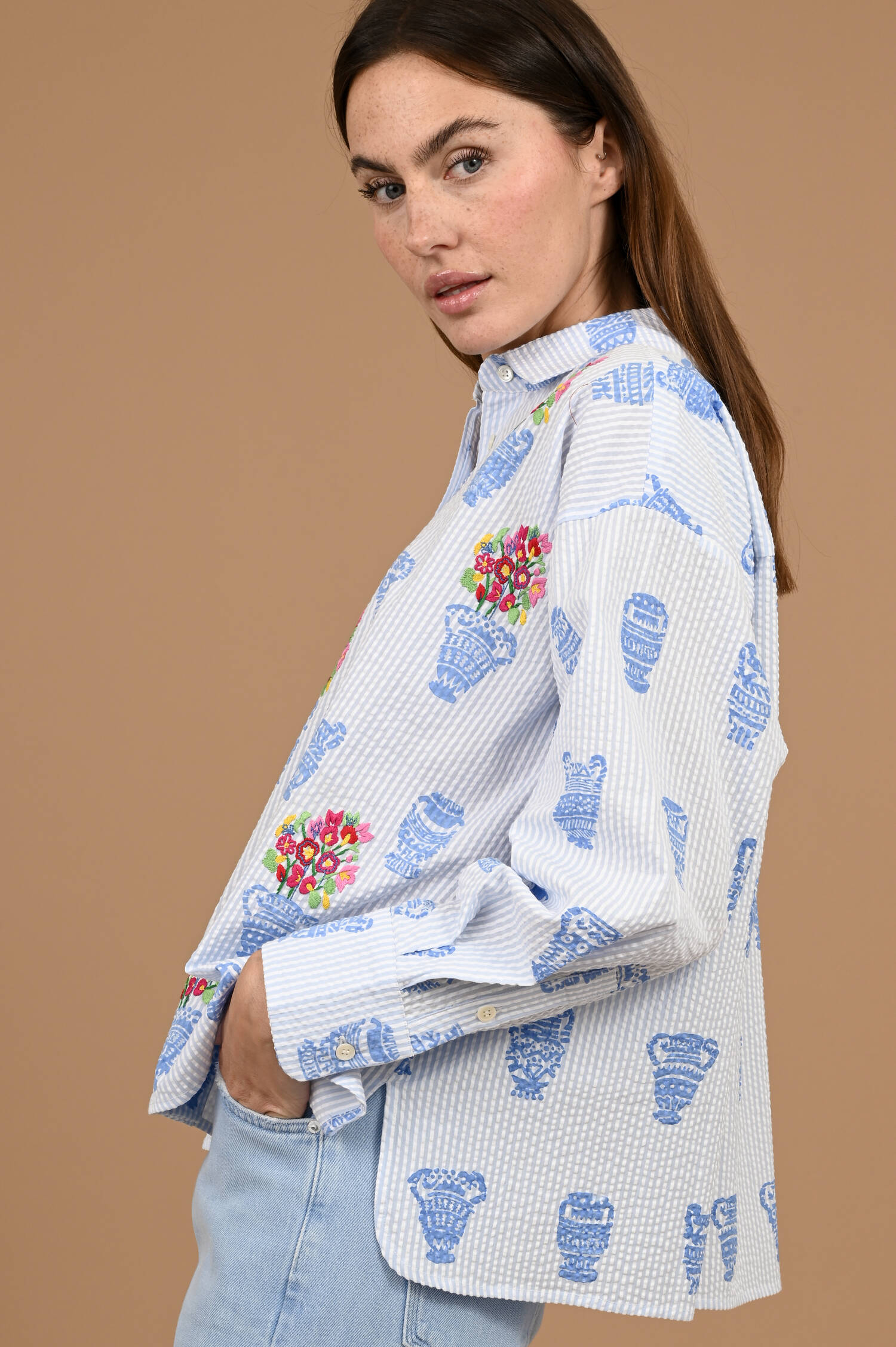 Strukturierte Bluse GRETA in Blau/Weiß