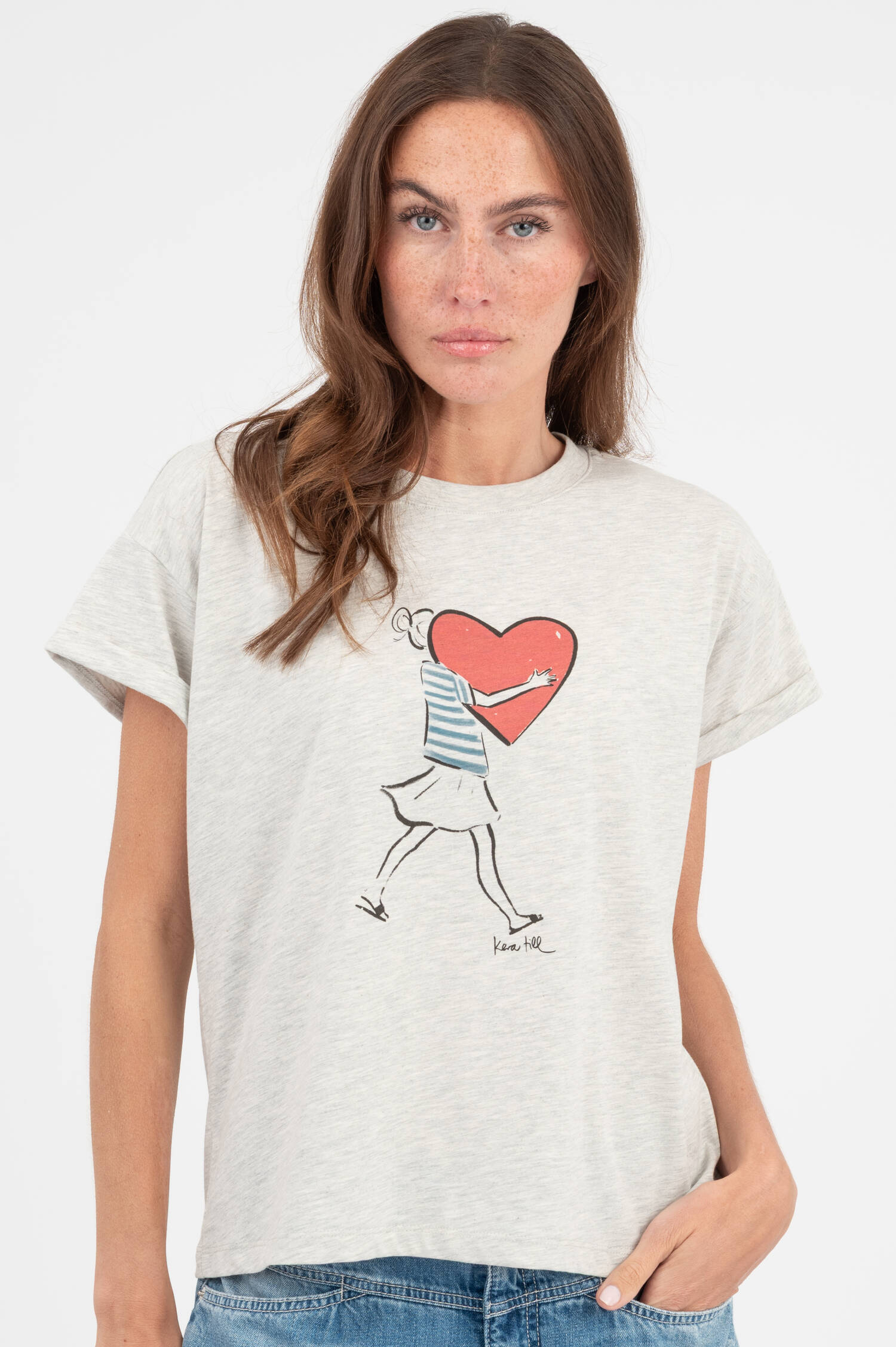 T-Shirt mit Big Heart Illustration in Grau meliert