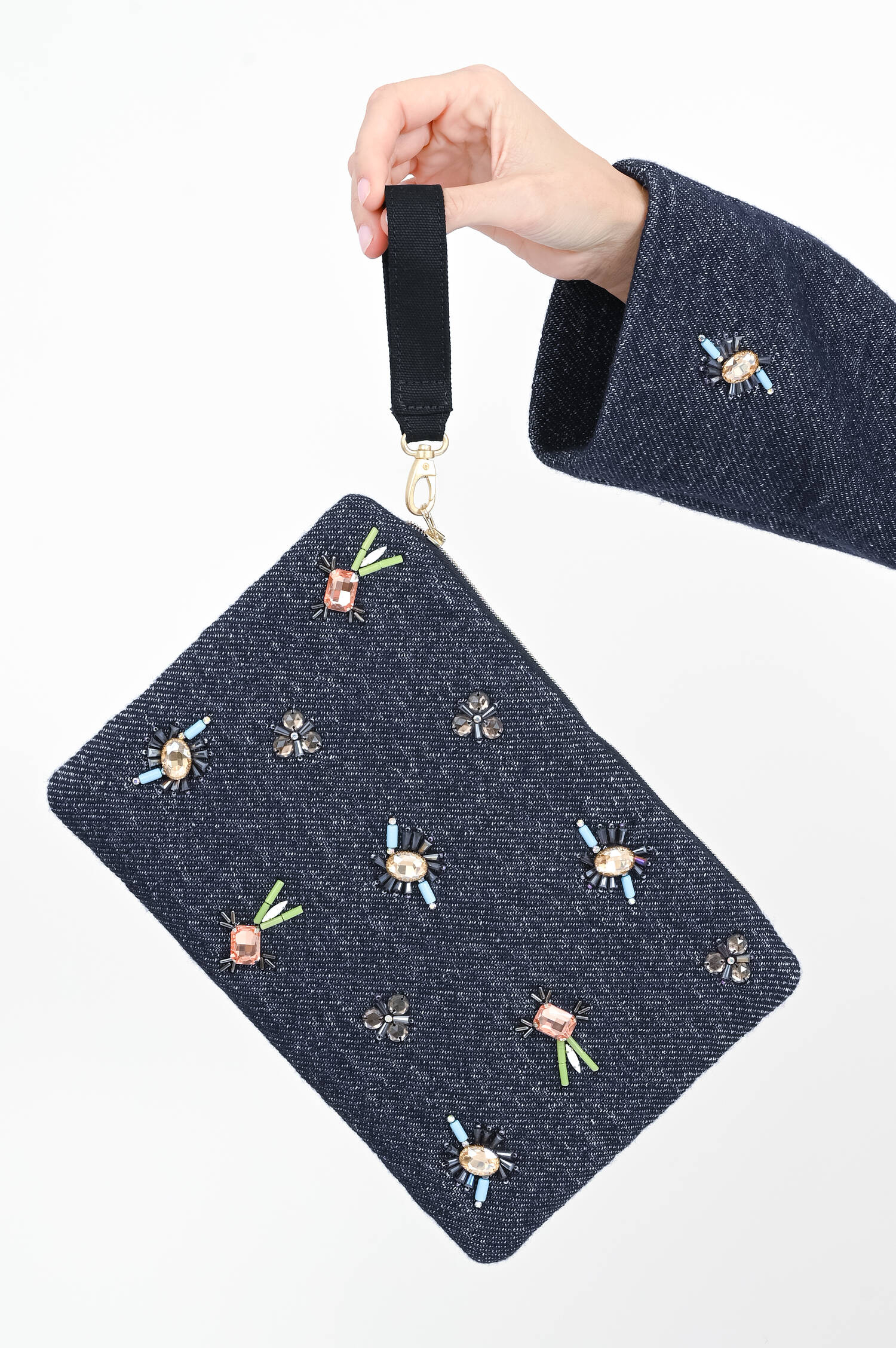 Clutch mit Strass-Details in Denim Blue