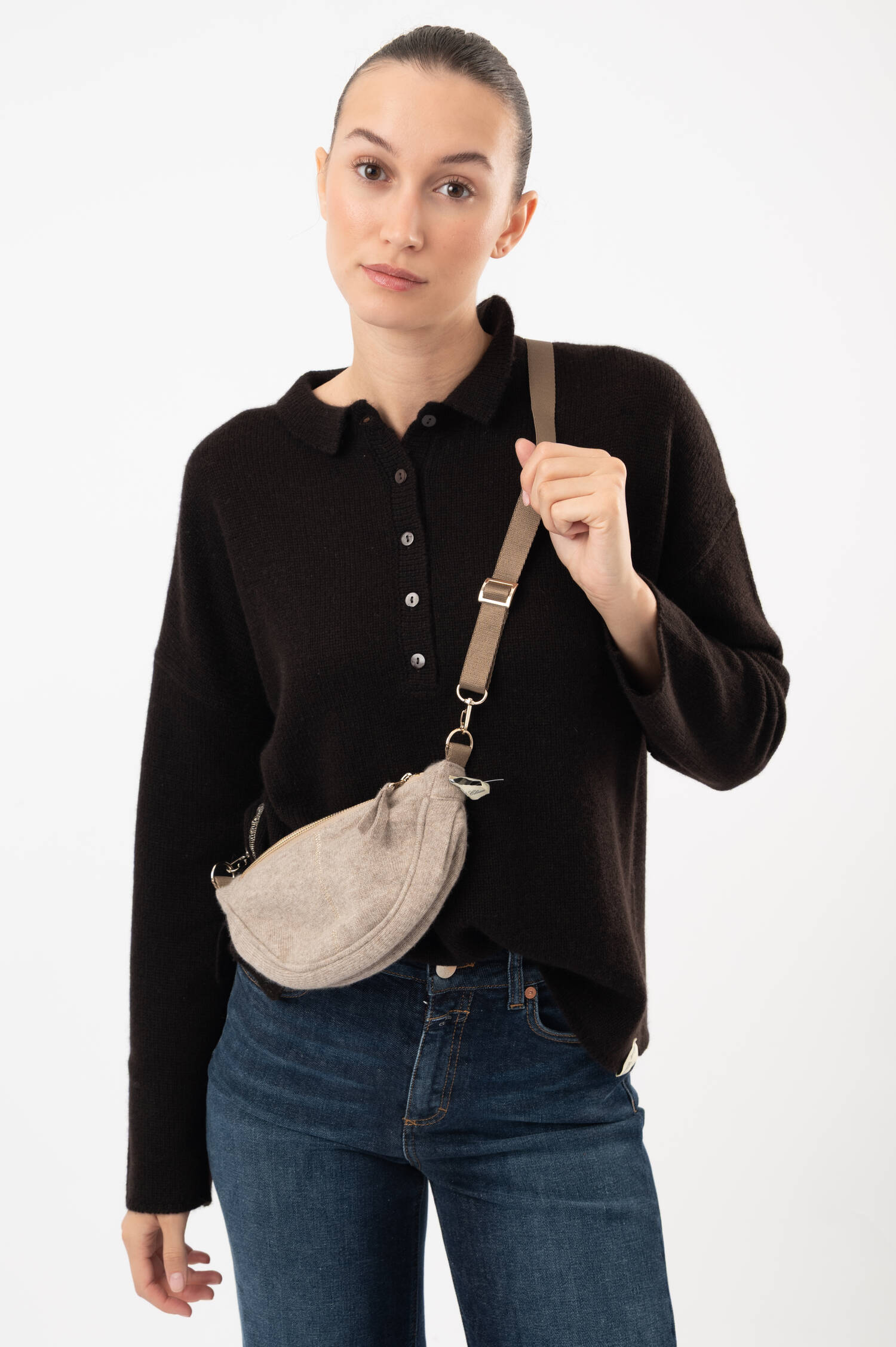 Cashmere-Gürteltasche in Dunkelbeige meliert