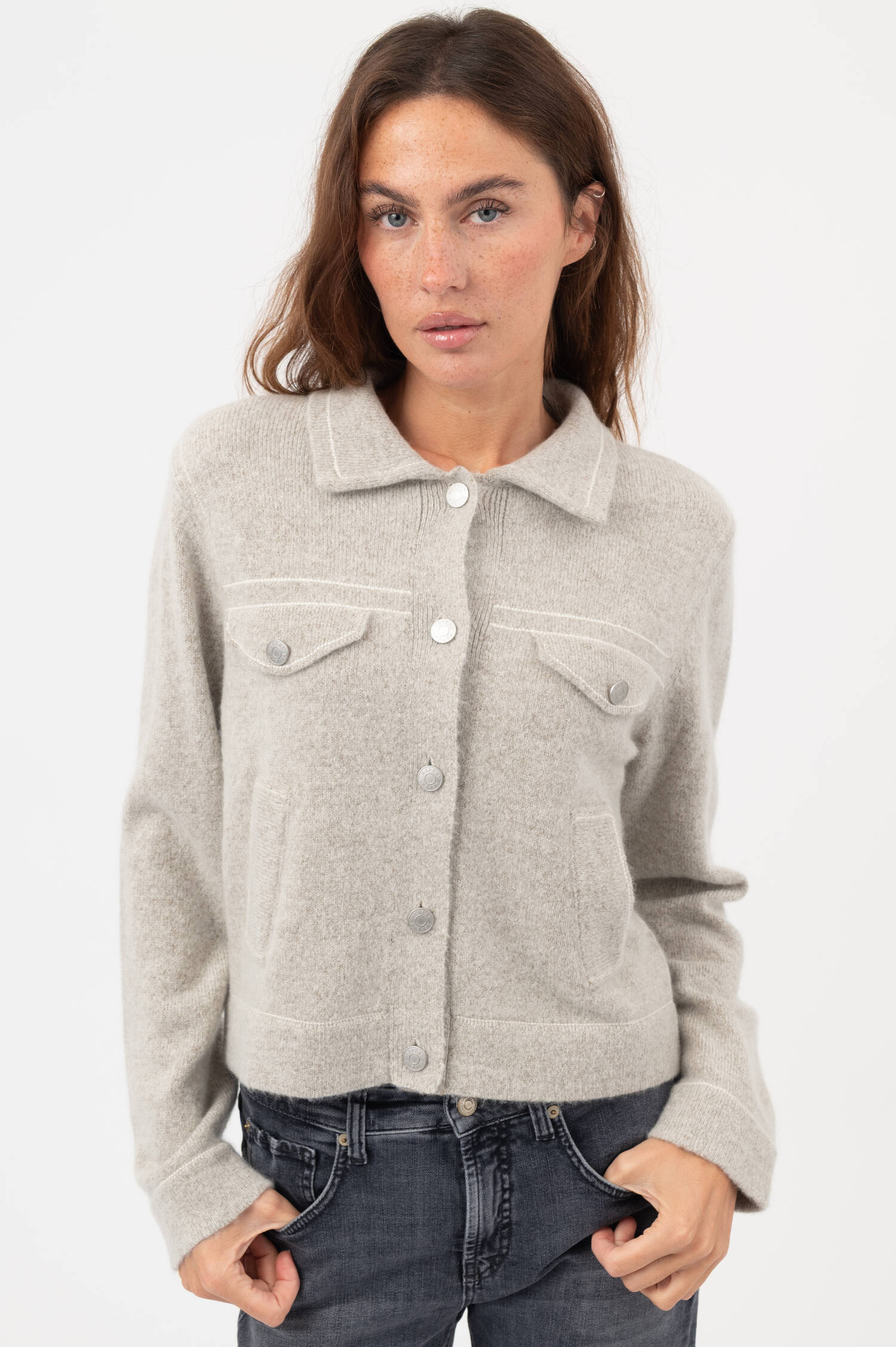 Woll-Cashmere-Strickjacke in Beige meliert