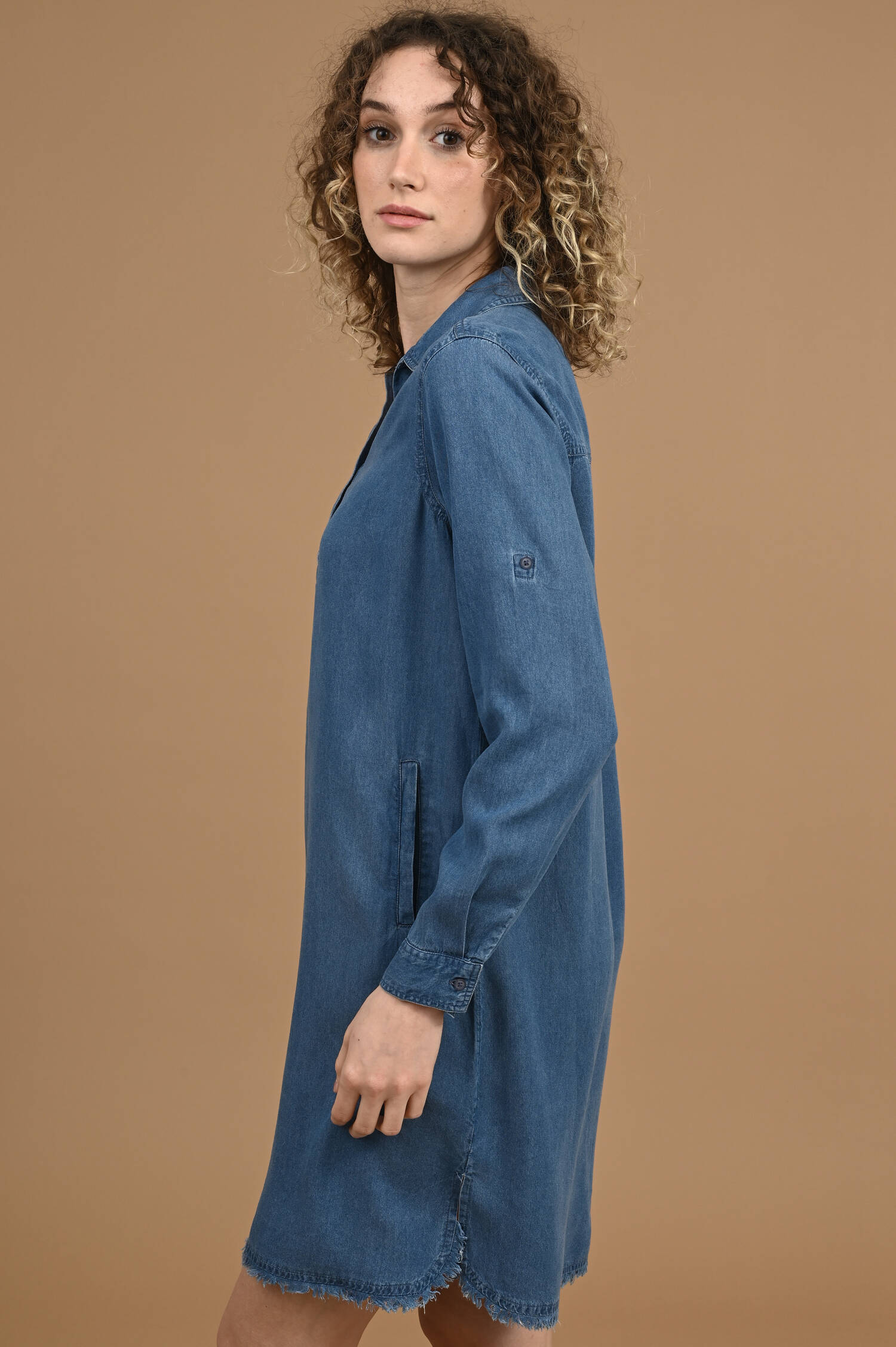 Hemdblusenkleid in Washed Denim Blau