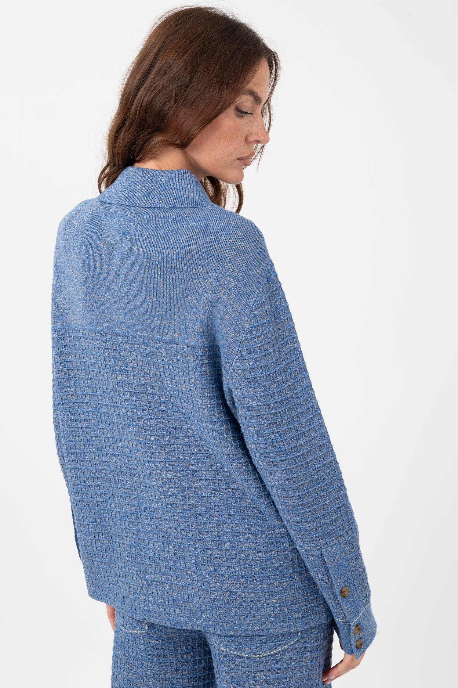 Waffelstrick Bluse in Blau/Gelb Waffelstrick Bluse in Blau/Gelb