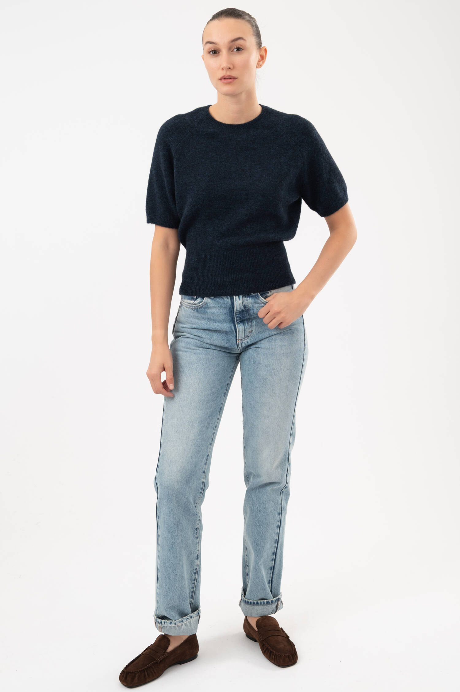 Alpaka-Woll-Mix-Kurzarmpullover in Navy meliert