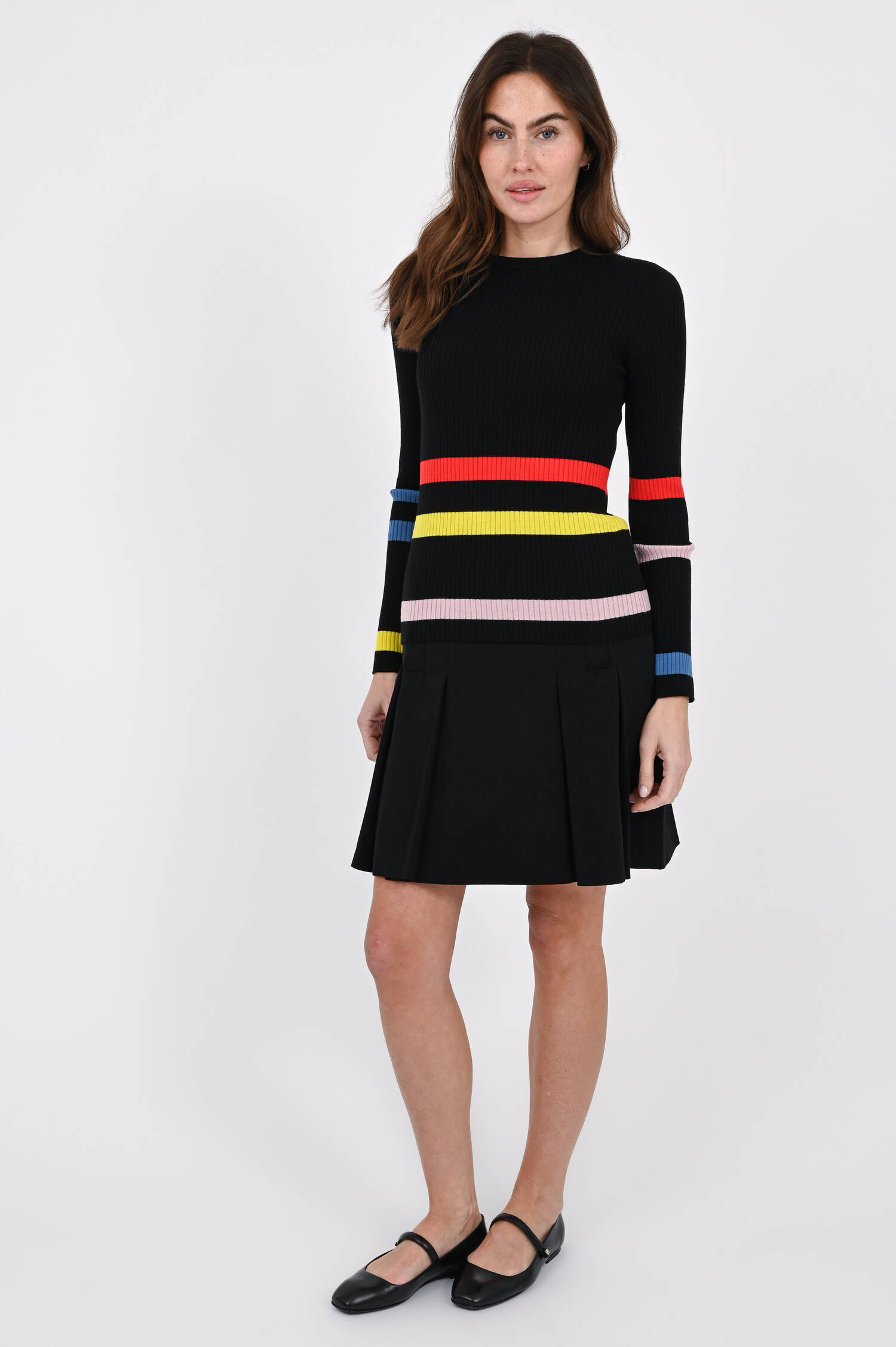 Woll-Longsleeve in Black/Multicolor gestreift