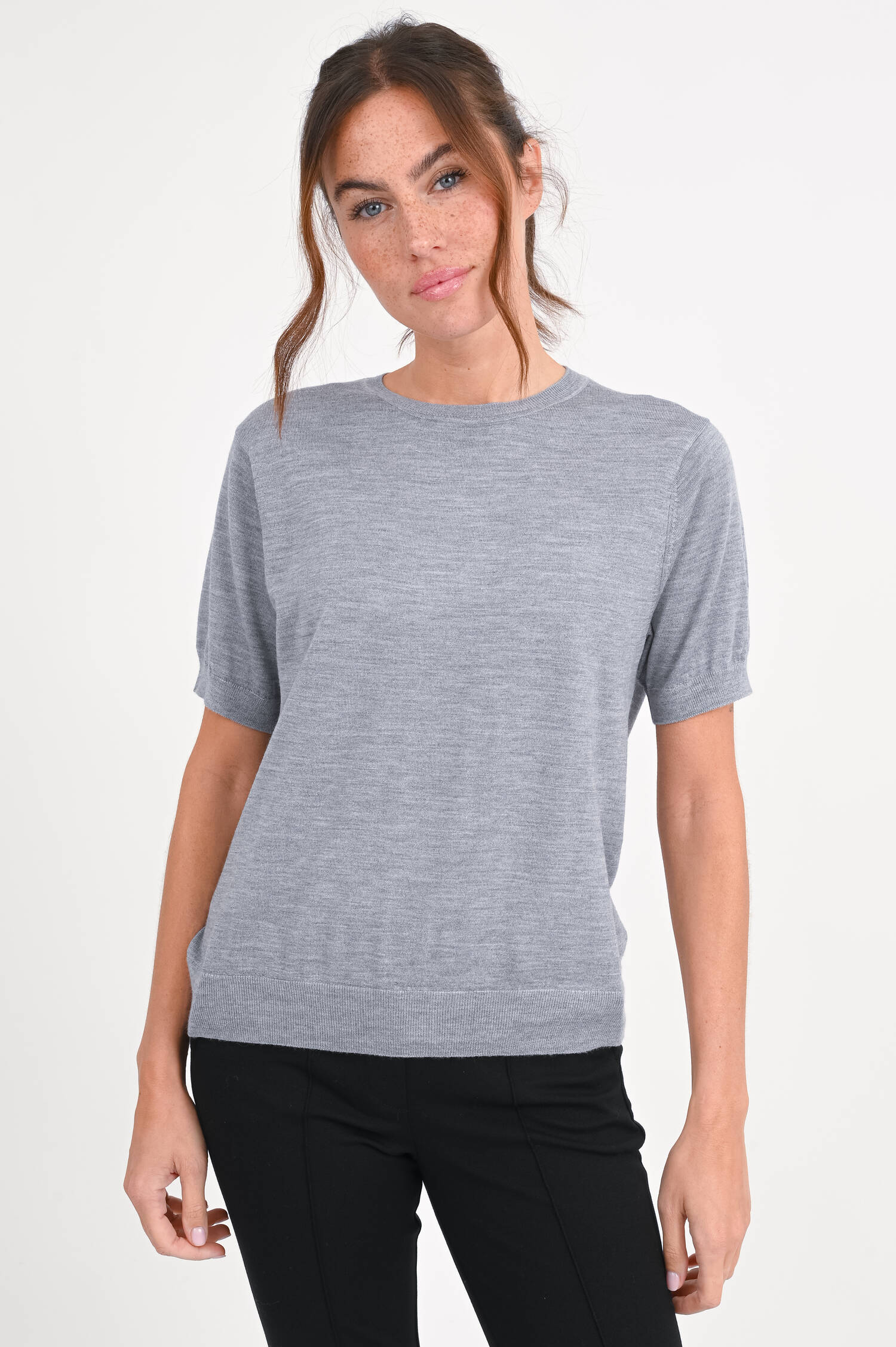 Kurzarm-Woll-Mix-Pullover in Grau