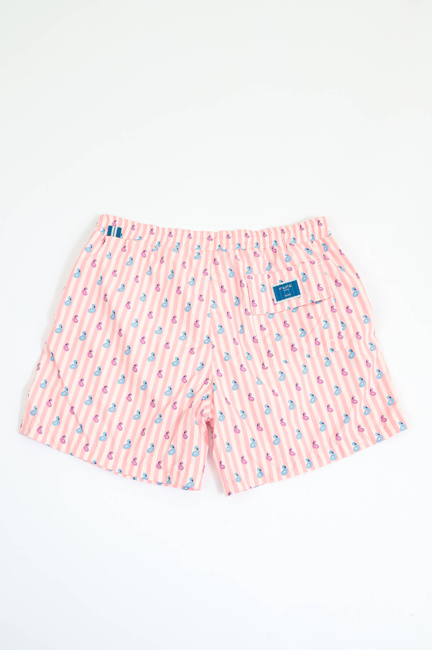 Gestreifte Badehose mit Flamingo-Print in Rosa