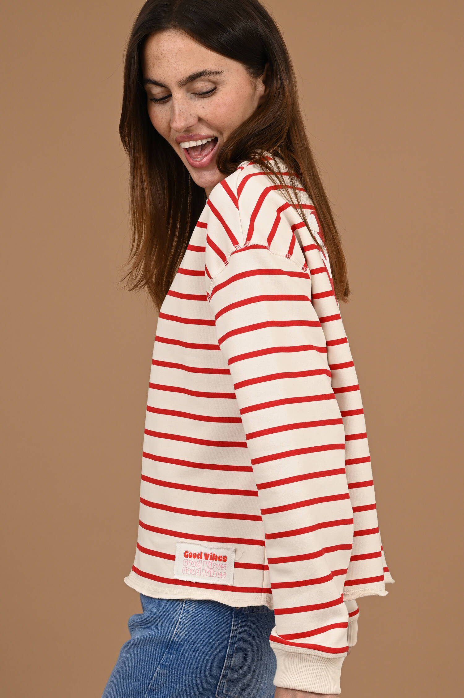 Sweater Smile More in Cherryrot/Ecru gestreift