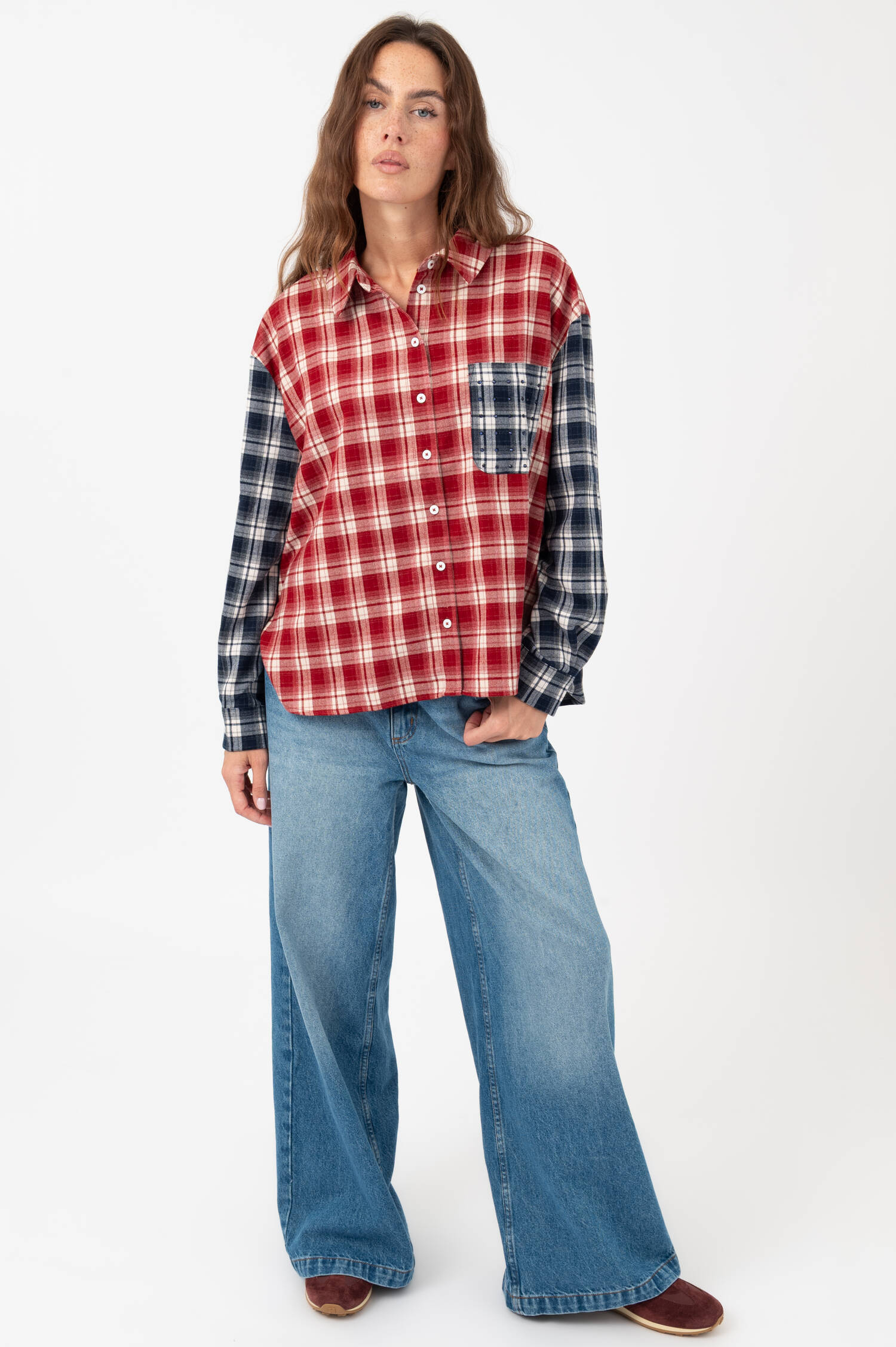 Flanell Bluse in Rot//Blau/Off-White