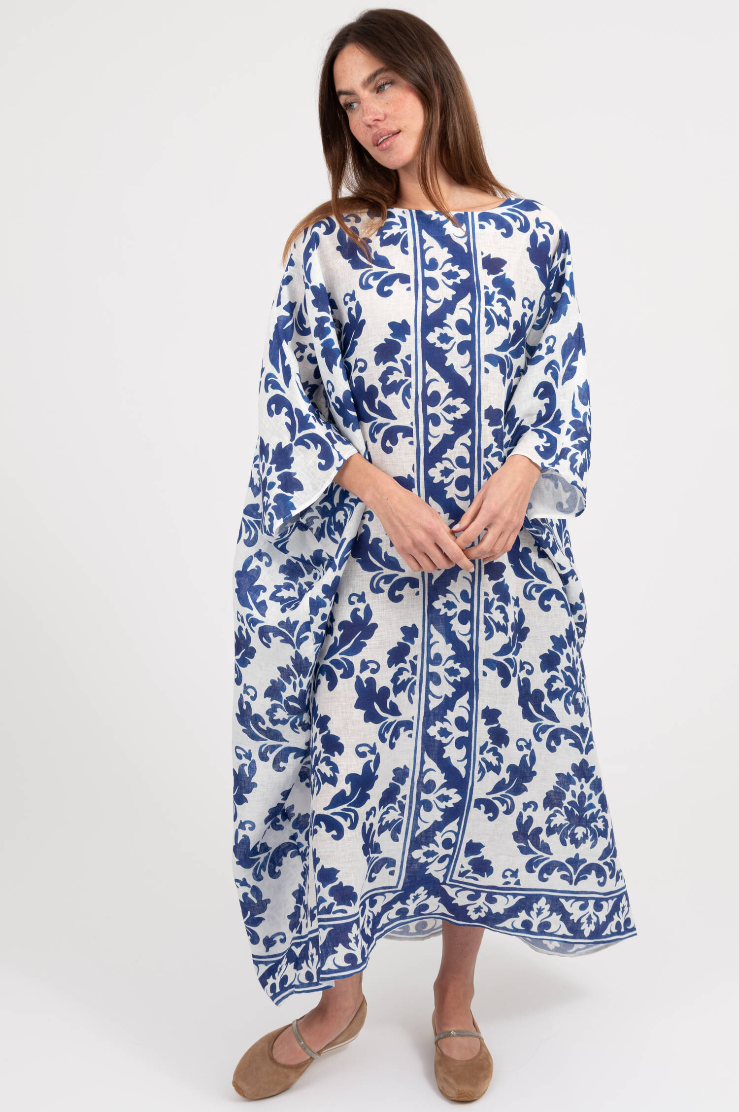 Leinen Tunika mit Print in Weiß/Blau