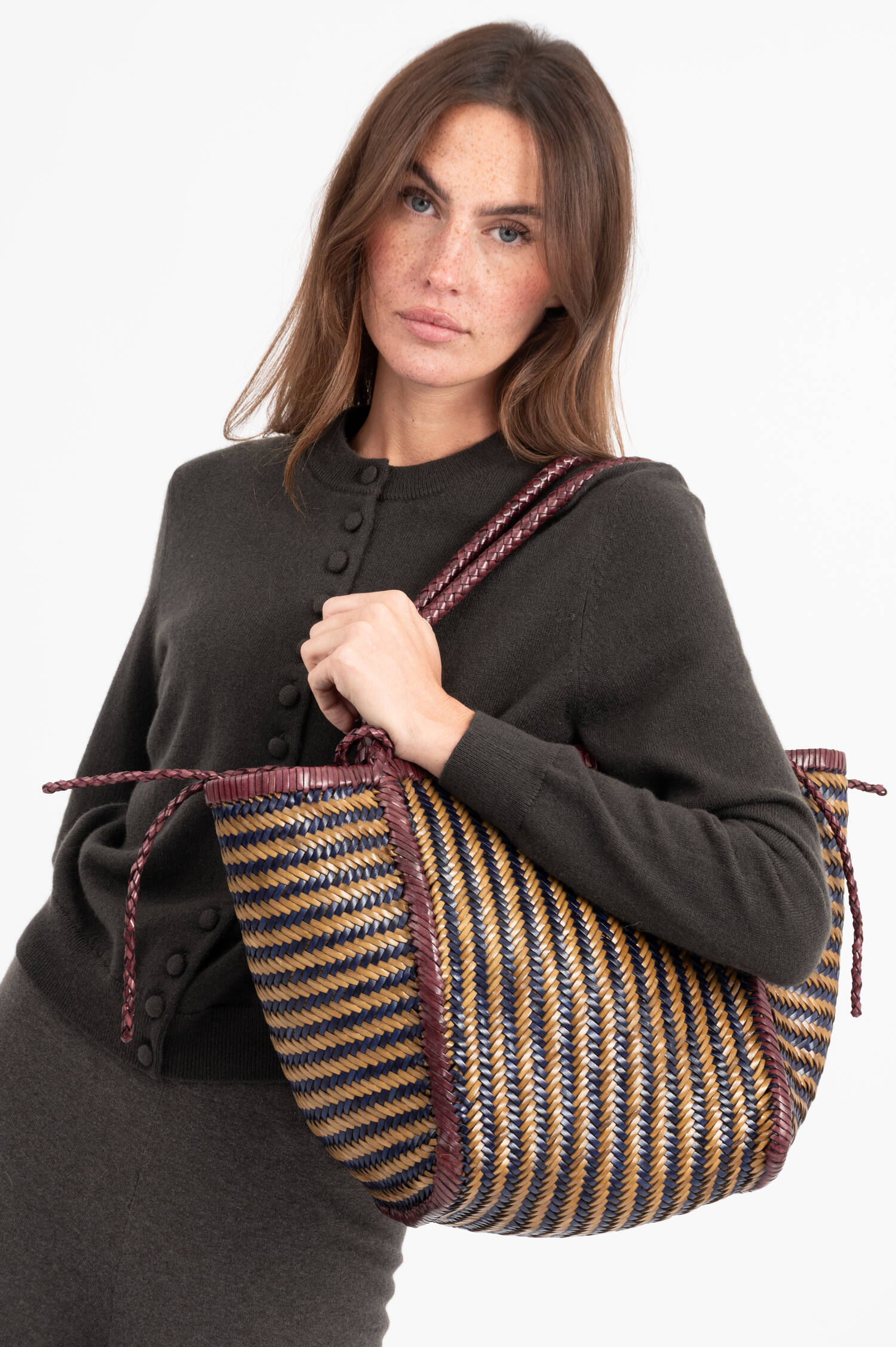 Geflochtener Leder Shopper RUBENS in Oliv/Blau