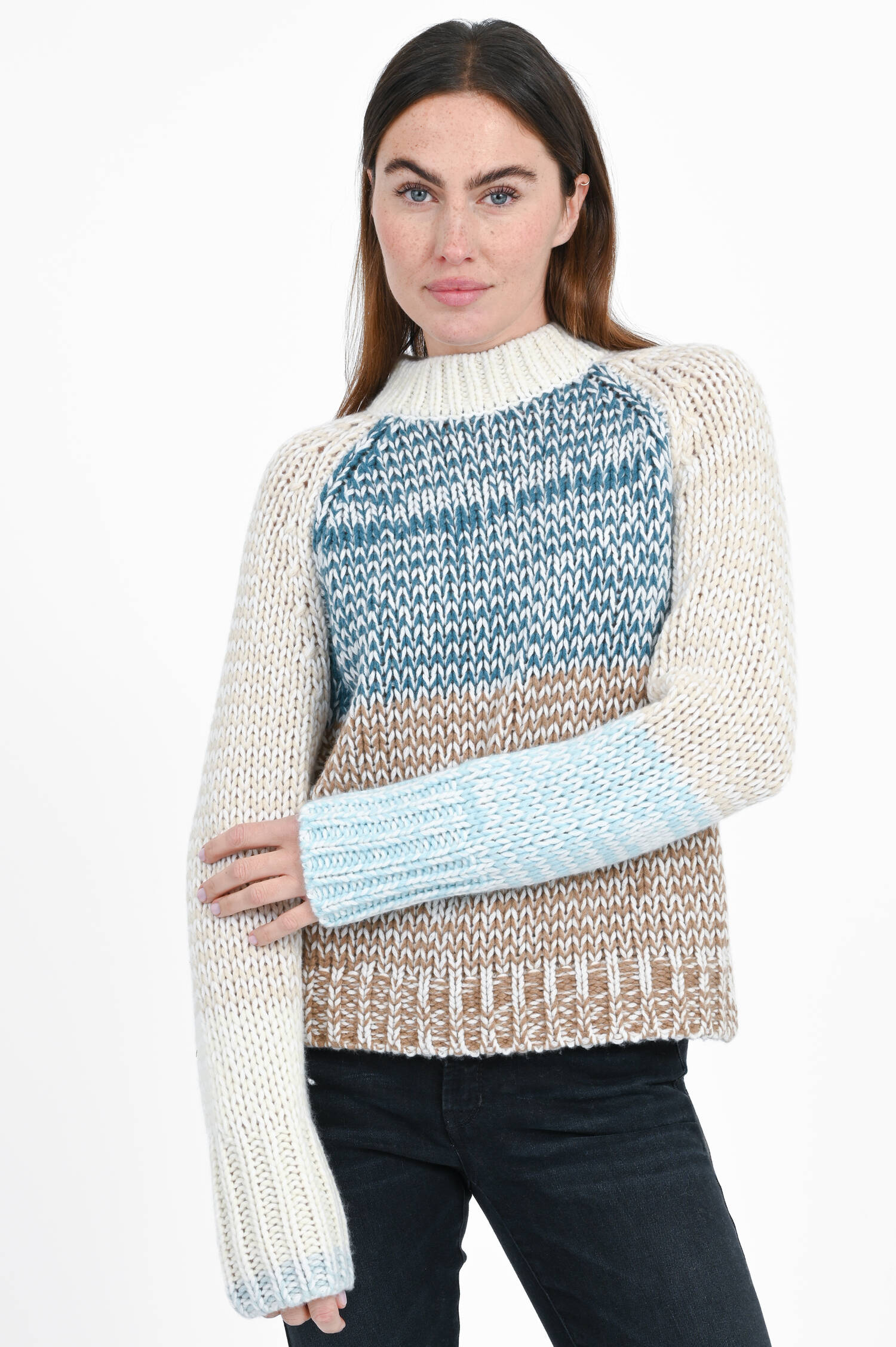 Cashmere-Strickpullover in Türkis/Creme/Braun