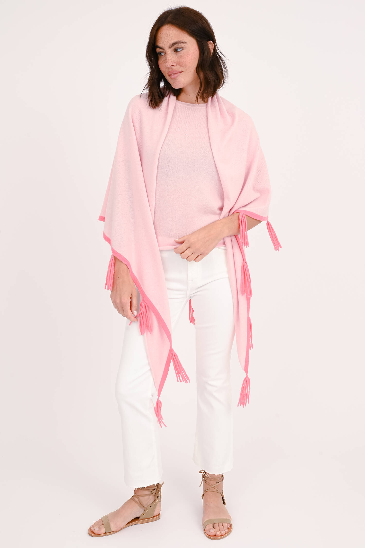 Poncho mit Fransen in Rosa/Pink