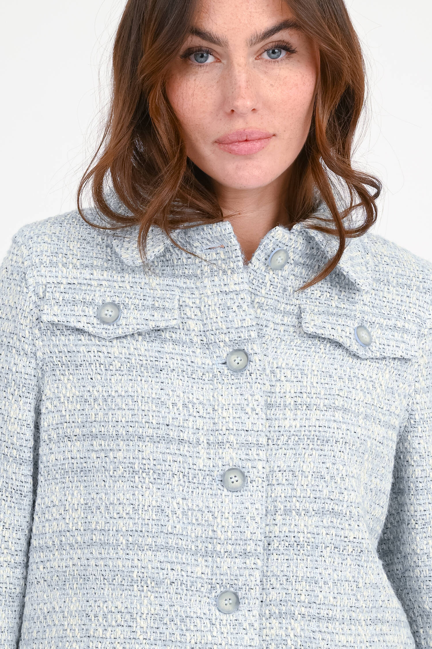 Boucle-Jacke in Hellblau/Weiß