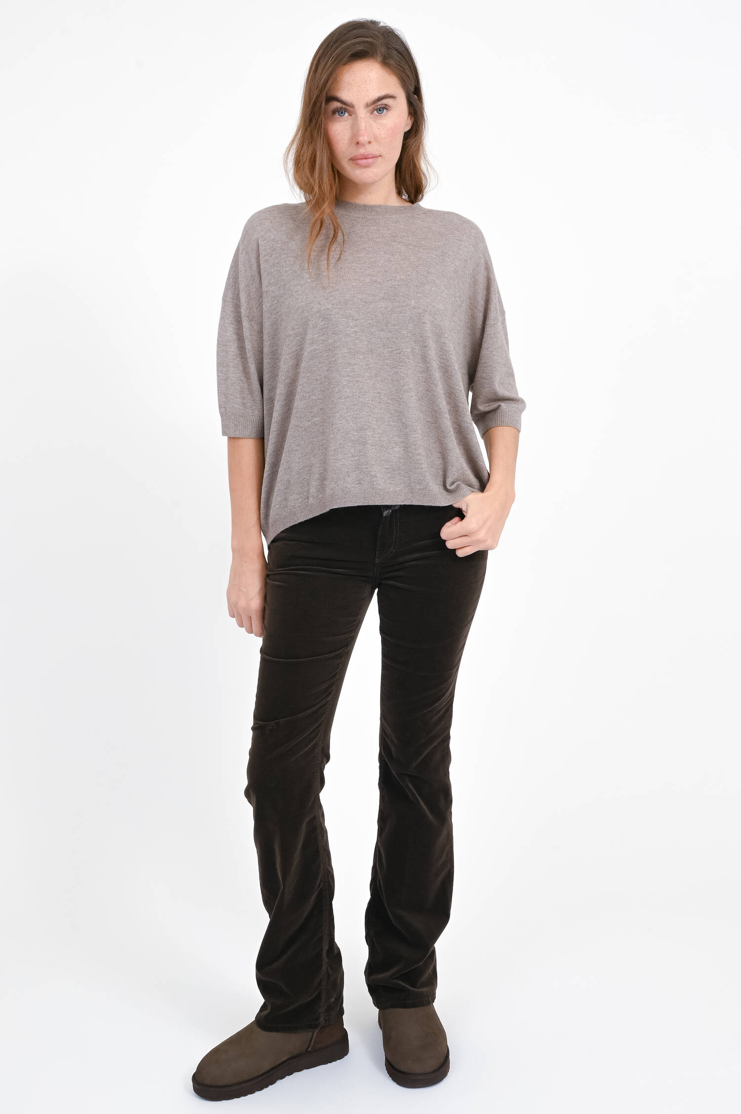 Wollpullover mit Kurzarm in Greige meliert Wollpullover mit Kurzarm in Greige meliert