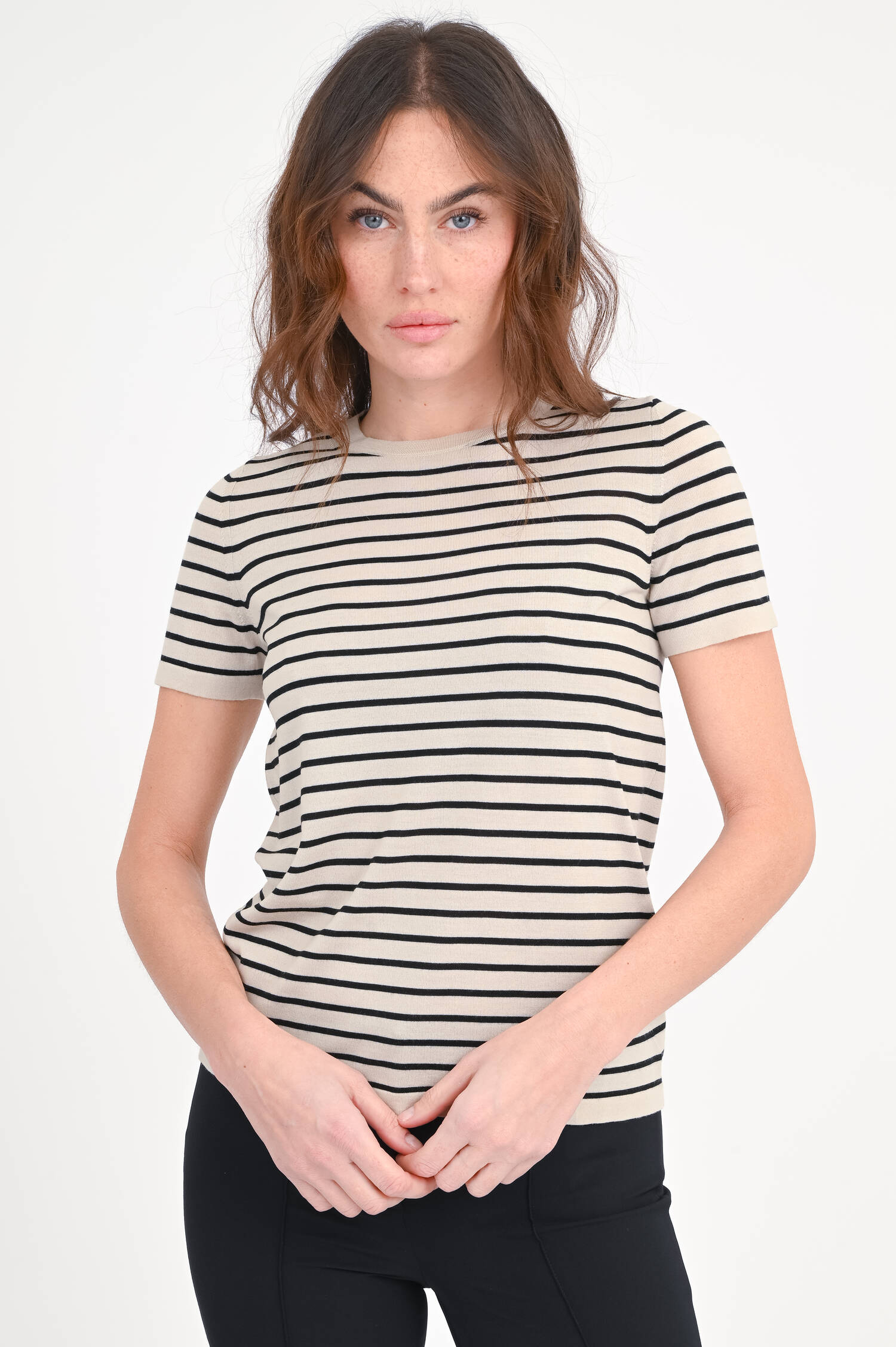 Shirt aus Wolle EGIDIO in Taupe/Schwarz gestreift