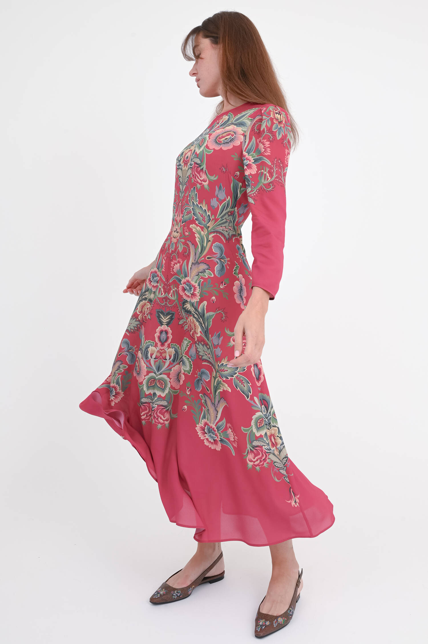 Gemustertes Midi-Kleid in Dunkelrot/Multicolor 