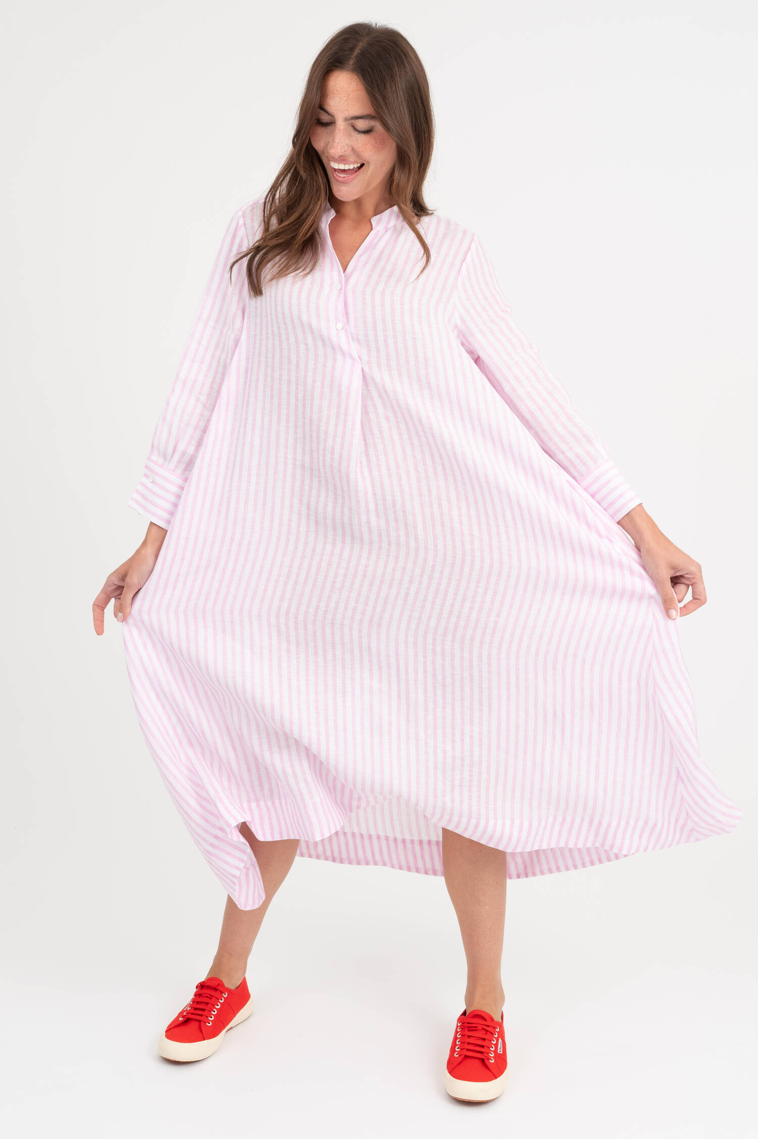 Leinenkleid in Pink/Weiß gestreift