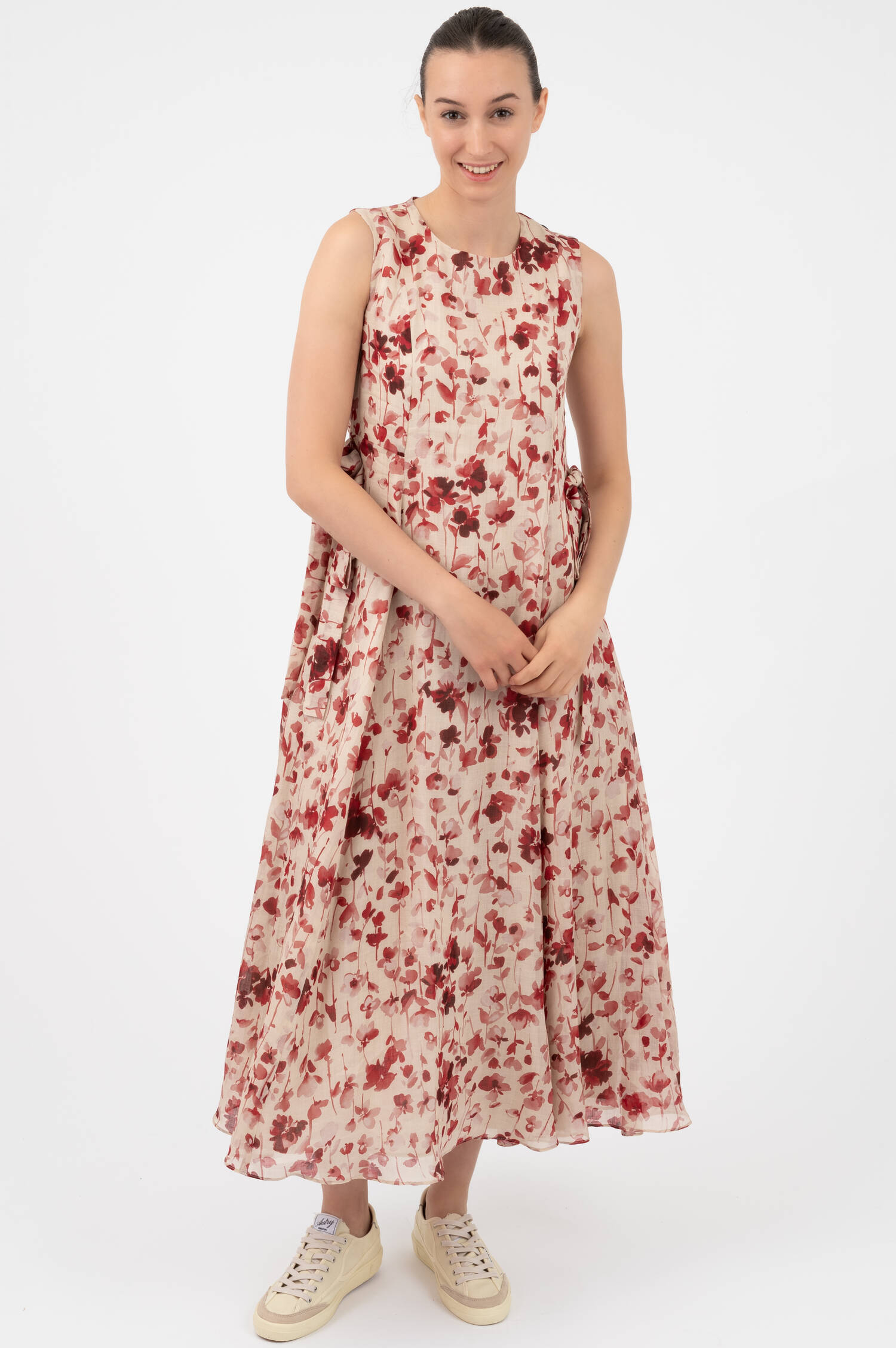 Gemustertes Kleid aus Ramie in Beige/Rot Gemustertes Kleid aus Ramie in Beige/Rot