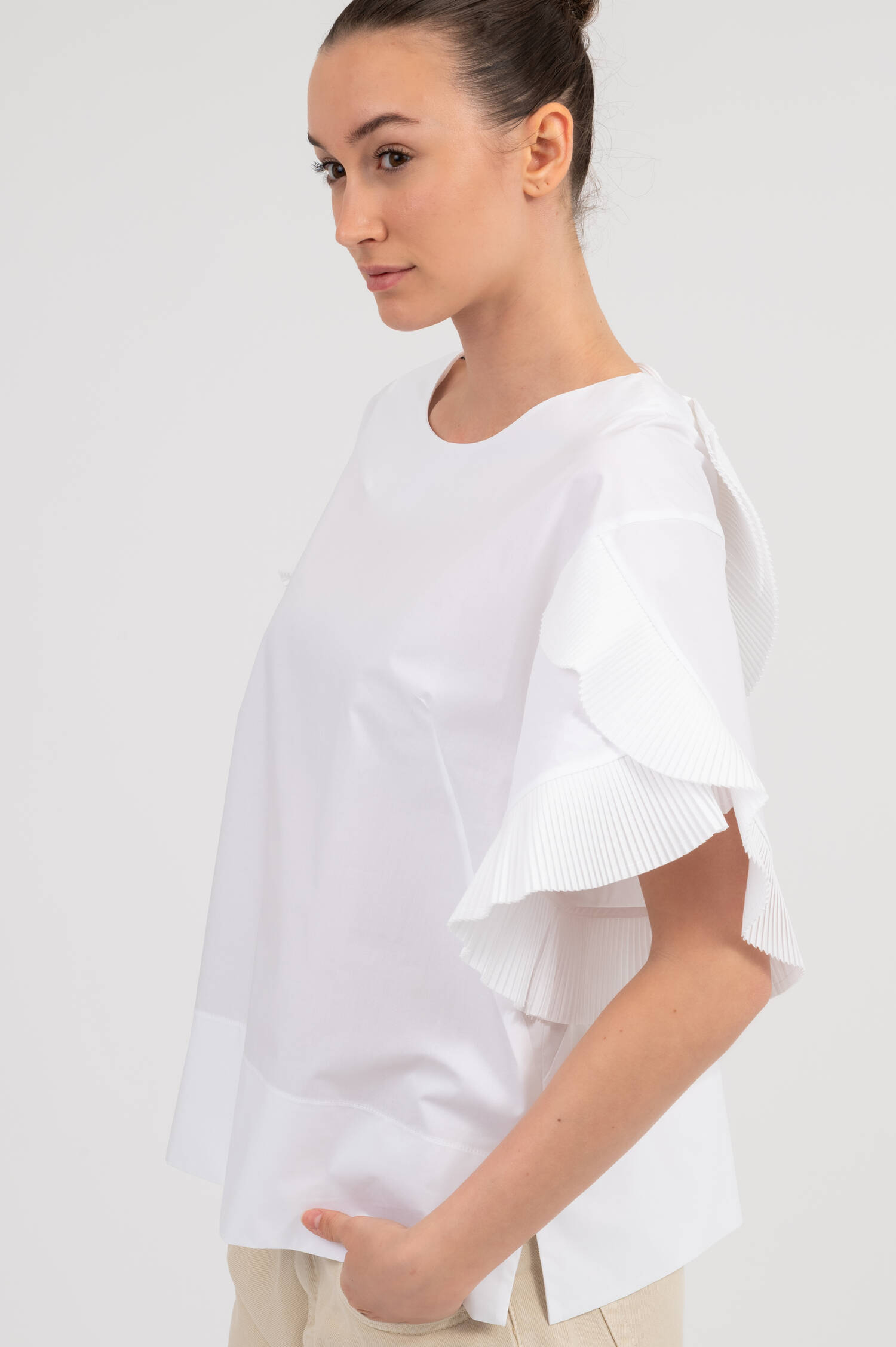 Bluse mit Plissee-Volantbesatz in Weiß