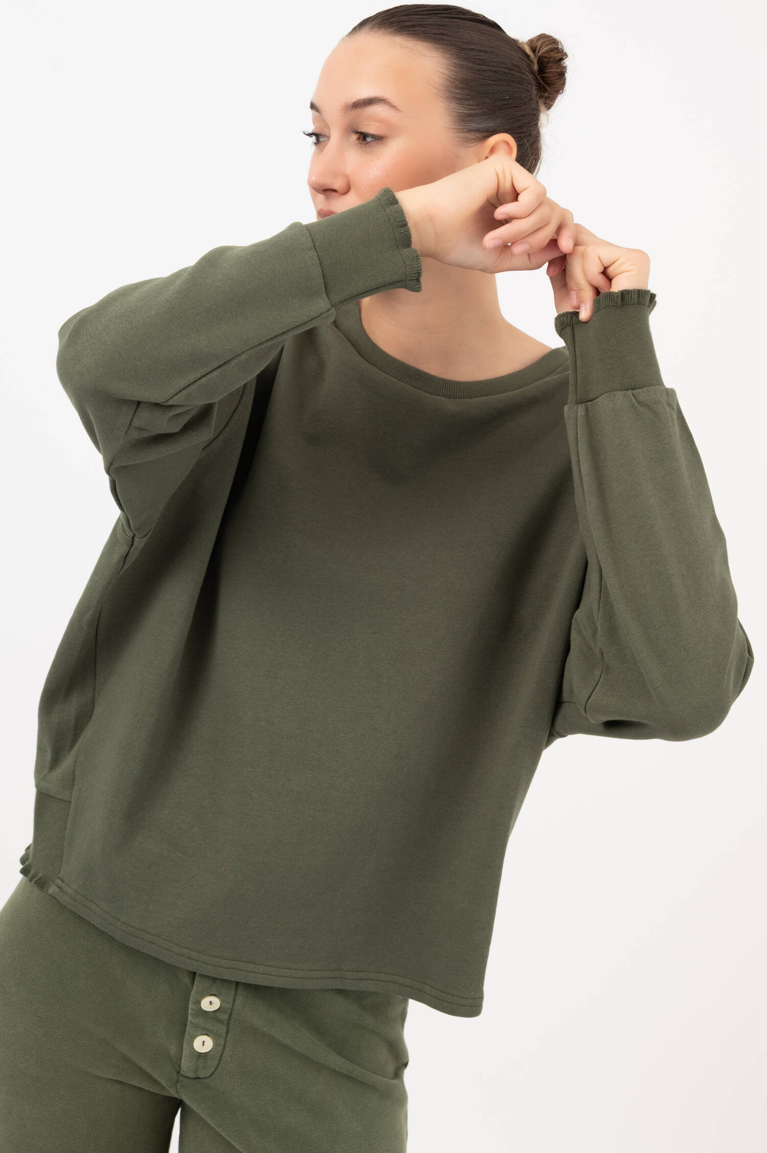 Sweatshirt mit Rüschen-Details in Oliv